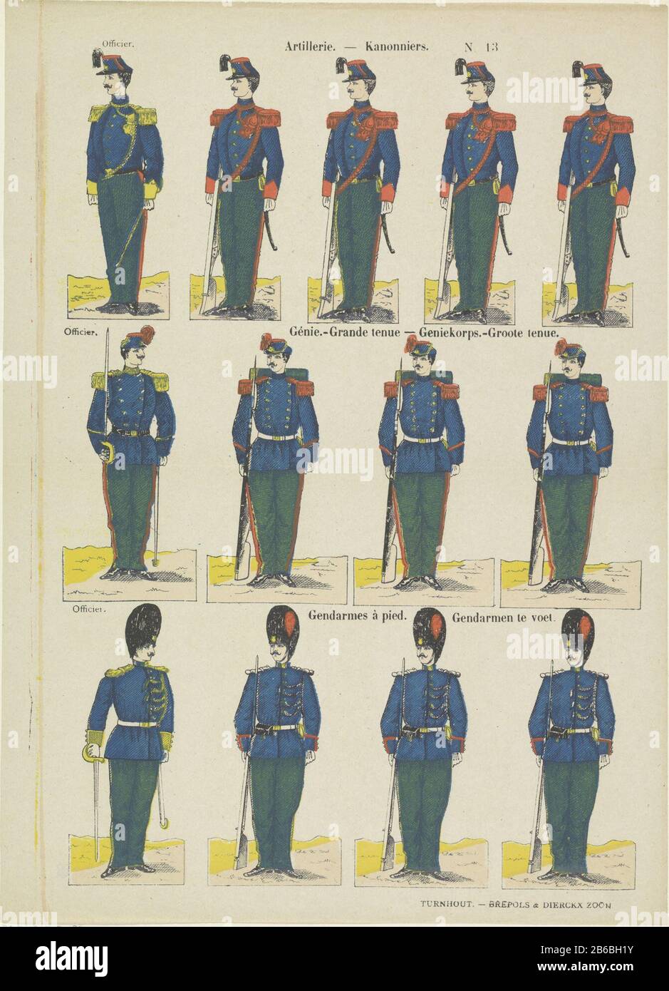 Feuille avec trois rangées horizontales avec un total de 13 représentations d'officiers et de soldats avec des armes. Numéroté en haut à droite : N. 13. Fabricant : Editeur: Brepols & Dierckx son (bâtiment classé) printmaker: Fabrication anonyme Turnhout Dating: 1833 - 1911 Caractéristiques physiques: Lithographie couleur en jaune, bleu, rose et rouge; texte en papier: Technique papier: Lithographie couleur (procédé) / typographie dimensions: Feuille: 405 mm × H 294 mm Objet b: Le soldat; la vie d'un soldat et Banque D'Images