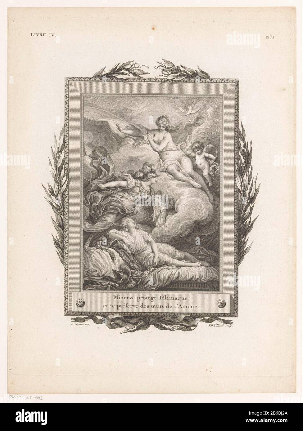 Athena protège contre Telemachus Vénus Down est le Telemachus endormi protégé par un Athena flottant une lance dans sa main. D'autre part, elle se fend de la flèche Cupid tourné à Telemachus. Vénus avec Cupid survole eux et deux colombes sur un nuage. L'ensemble est encadré par un cadre décoratif avec des branches d'olive et un noeud au fond. Numéroté en haut à droite: No I. Fabricant : printmaker Jean-Baptiste Tilliard (propriété cotée) au dessin de Charles Monnet (édifice classé) éditeur: Pierre Didot Éditeur: Louis François Barroisuitgever Eugène Onfroyuitgever: Pierre Théophile Barroisu Banque D'Images