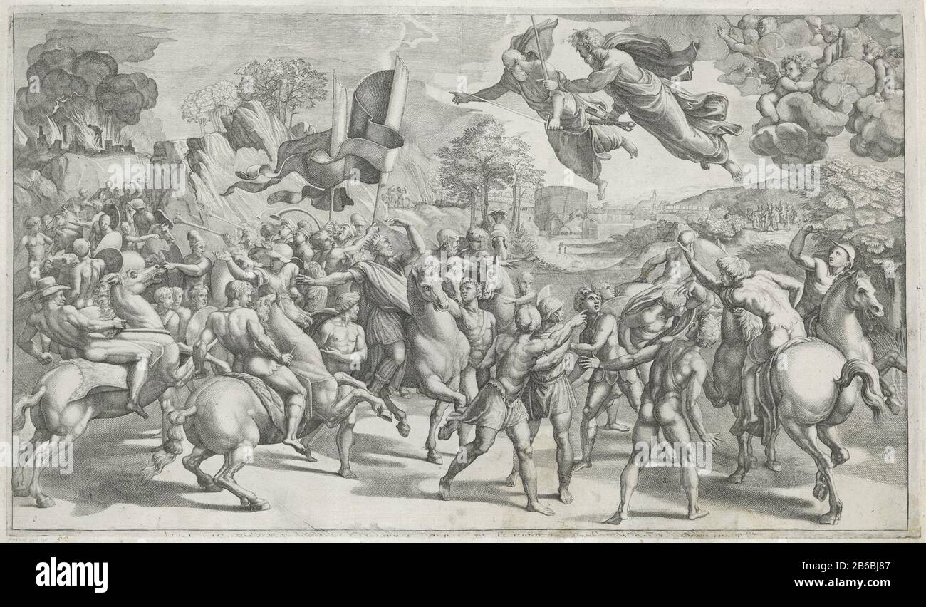 Atilla la ville de Rome le Pape Léon le Grand et son entourage rencontrent Attila le Hun et ses soldats à l'extérieur des murs de Rome. Le pape Atilla pointe vers les deux apôtres Pierre et Paul dans l'air, les béchers de Rome. Fabricant : printmaker: Anonyme à la peinture par Giulio Romano à la peinture: Rafael à la conception: Rafael Place fabrication: Printmaker: Italie À la représentation de la Cité du Vatican à la peinture de la Cité du Vatican à la conception: Vatican Daté: En ou après 1514 Caractéristiques physiques: Gravure et engraa matière: Papier: Technique: Dimensions de la gravure : bord de la plaque : H 350 mm × W 600 MMT Banque D'Images