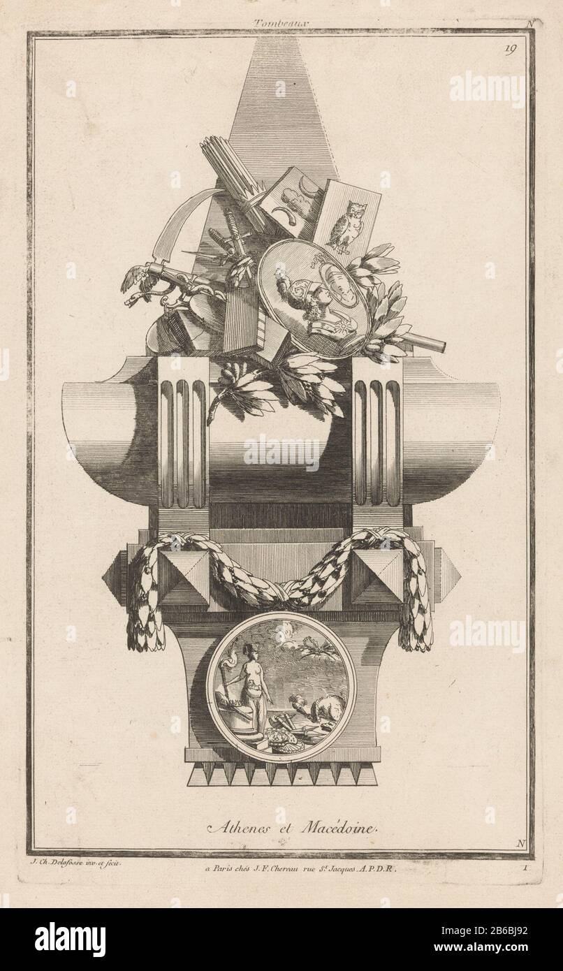 un tombeau avec une cocarde avec une figure féminine au fond avec une torche, et un dragon. Au sommet des armes, un scythe, des livres, une table avec une chouette et un médaillon avec Minerva regardant dans un miroir. Imprimer Le Numéro 19. Fabricant : printmaker: Jean-Charles Delafosse (bâtiment classé) dans son dessin: Jean-Charles Delafosse (bâtiment classé) Editeur: Jacques-François Chéreau (propriété cotée) Lieu de fabrication: Paris Date: 1768 - 1771 Caractéristiques physiques: Gravure et engrafage: Papier technique: Gravure / A (processus d'impression) mesures: Bord: H: 377 mm W × 230 mm Sujet: tombe, tombsymboles Banque D'Images