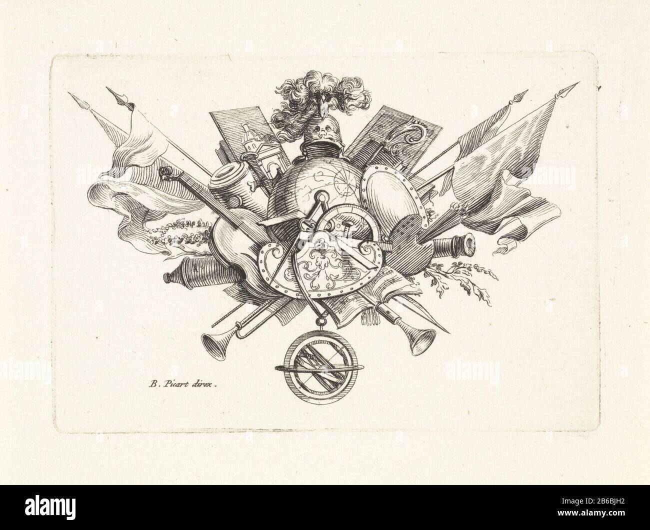 Attributs de la science et des arts attributs de la science, tels que globe et compas. En outre, les attributs des arts, comme violon, partitions et schilderspalet. Fabricant : printmaker: Bernard Picart (studio) supervision: Bernard Picart (propriété cotée) Lieu de fabrication: Amsterdam Date: 1683 - 1733 Caractéristiques physiques: Gravure et engrafage matériau: Technique du papier: Gravure / engrafage (procédé d'impression) mesures: Bord de la plaque: H 80 mm × W 115 mm Objet: Attributs ou Minerva Banque D'Images