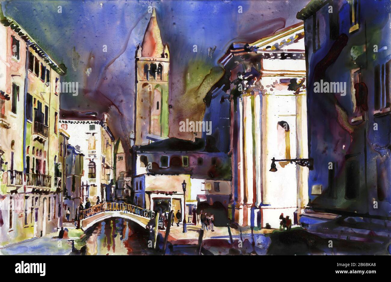 Chiesa di Santa Maria del Soccorso et canaux de Venise médiévale, Italie. Peinture aux aquarelles de Venise imprimé beaux-arts Banque D'Images