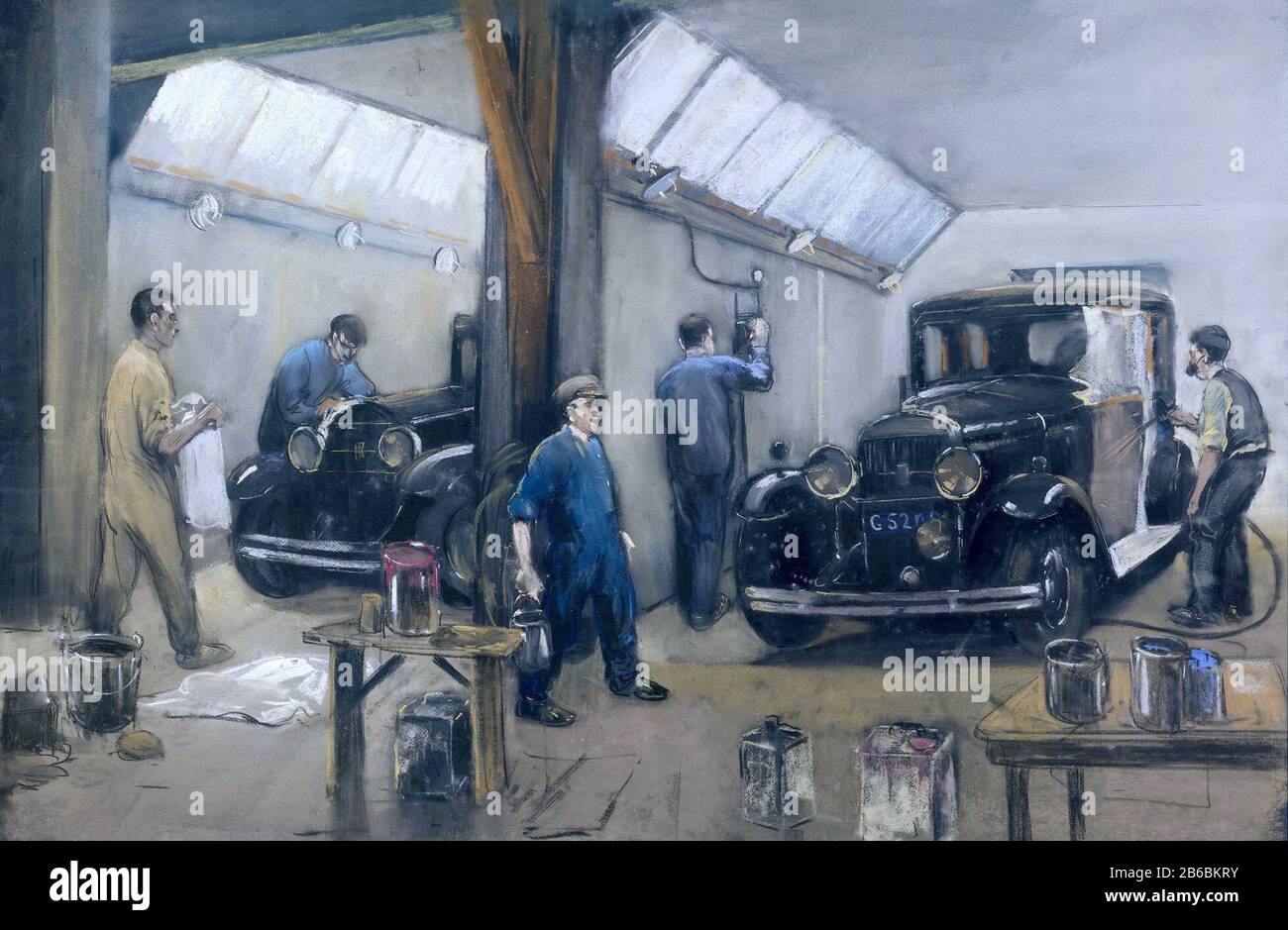 Car Workshop de la Société Amsterdam Rijtuig (ARM) Dans een autowerkplaats porte worden vijf mannen twee auto's opgeknap. Fabricant : dessinateur: Herman HeijenbrockPlaats fabrication: Nederland Dating: 1913 - 1948 matériau: Drager: Papier lijst: Hout lijst: Glas Techniek: Pastel Dimensions: Drager: H 63,5 cm. × b 93,5 cm. buitenmaat: h 71 cm. (y compris lijst) × b 100,7 cm. (y compris lijst) × d 3,5 cm. (Y compris lijst)ToeliechtingIn 1913 werd het Plancius verkocht, om te worden verbouwd tot een voor die tijd uiterst moderne taxi-central. Aan de achterkant verrees een grote bedrijfshal. Het com Banque D'Images