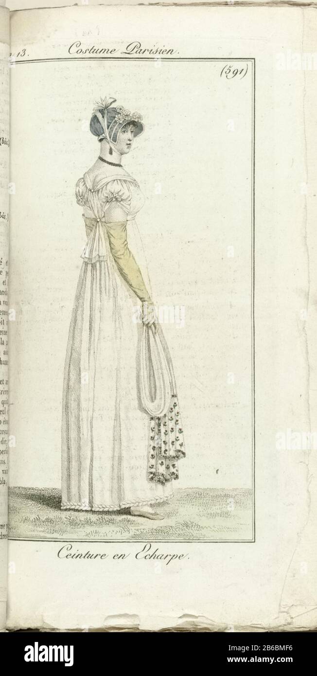 Bi-2010-1642-7 droite femelle, en robe de crêpe blanche avec manches bouffantes Où : un petit noeud. Gants et bijoux jaunes longs en tant que collier et boucles d'oreilles. Sur la tête un capot avec couronne de fleurs et un noeud. Dans sa main droite, un long foulard blanc taillé d'une bordure de fleurs. L'image fait partie du magazine de mode Journal des Dames et des modes, publié par Pierre de la Mésangère, Paris, 1797-1839 Fabricant : printmaker: Éditeur anonyme: Pierre de la Mésangère Dating: 1805 Caractéristiques physiques: Engrala, matière de couleur manuelle: Technique du papier: Engrara (processus d'impression) / Dimensions de couleur de la main Banque D'Images