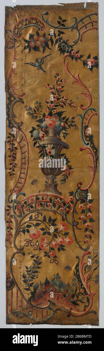 Baan cuir or, or plaqué or distance perforée avec peinture de trousseaux de graines, et S et C-volute dans laquelle vases de fleurs, branches de fleurs et de fruits et -sellers Baan goudleer, verguld geponst fond rencontré beschildering van omramingen van rocailles en S- en C-voluten Banque D'Images