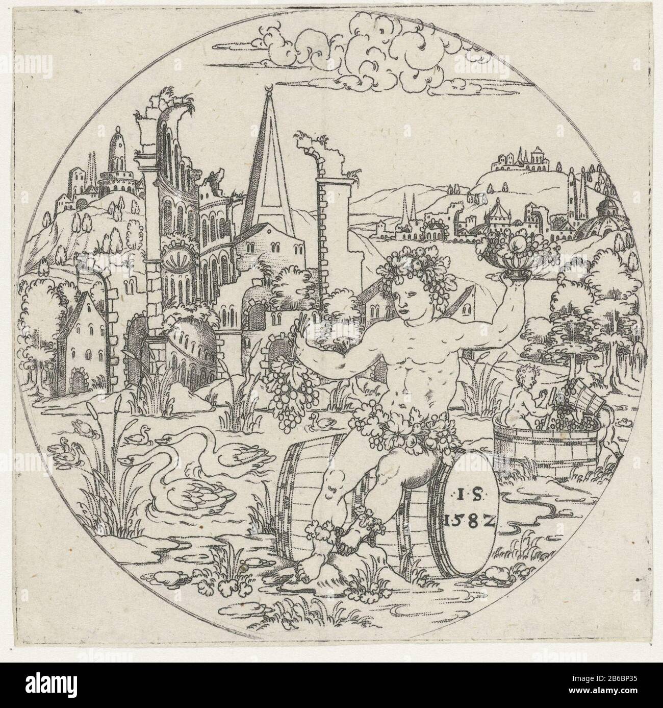 Bacchus Bas de paysages à écailles avec représentations bibliques et mythologiques (titre de la série) Bacchus assis sur un tonneau de vin. D'une part, il tient un groupe de raisins dans son autre main des noix. ? A partir de la série 8 feuilles Fabrication Créateur: Printmaker: Jonas Silber (bâtiment classé), conçu par Jonas Silber (bâtiment classé) Editeur: Fabrication anonyme: Allemagne (possible) Date: 1572 - 1582 matériau: Technique papier: Dimensions A: Lame: H 119 mm × W 120 mm Banque D'Images