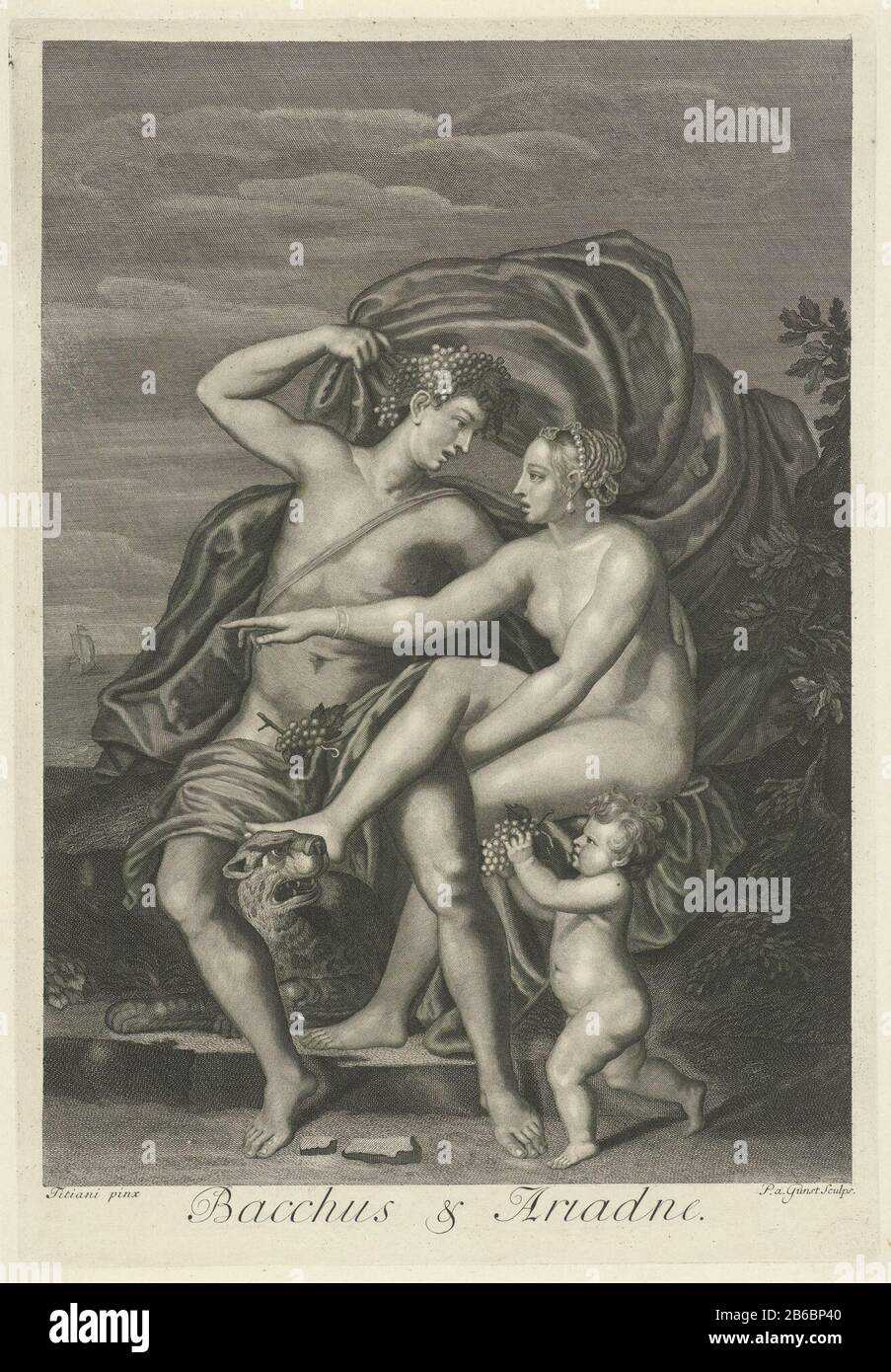 Bacchus et Ariadne (objet titre) Mythologische liefdesverhalen (titre de série) consolation Bacchus Ariadne, qui a été laissé par Theseus vers le bas. Sous ses pieds un léopard. Au premier plan un puto partying avec un groupe de raisins. En arrière-plan un bateau wegvarende (Theseus) . Fabricant : printmaker: Pieter van Gunst (propriété cotée) à peindre par Titian (propriété cotée) Lieu de fabrication: Amsterdam Date: 1659 - 1731 Caractéristiques physiques: Matériel automobile: Technique du papier: Engrala ( procédé d'impression) Dimensions: Bord de la plaque: H 421 mm × W 291 mm Objet: Bacchus trouve Ariadne sur le minerai de Naposcupios Banque D'Images
