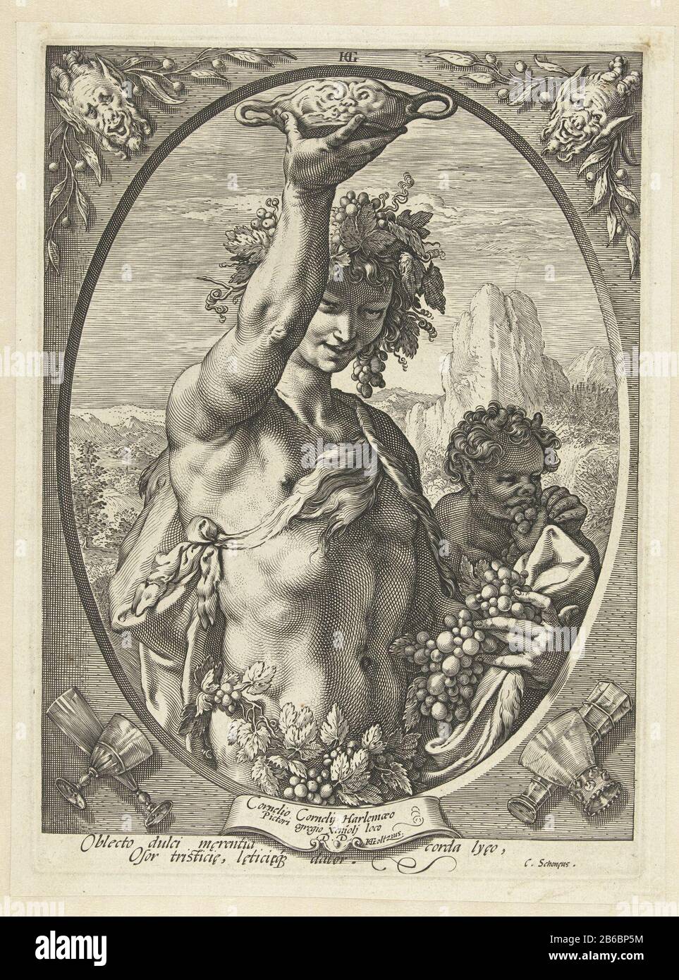 Bacchus avec un bol à boire Bacchus Bacchus, Vénus et Cérès (titre de la série) Le jeune dieu Bacchus de moitié, dans un ovale, des petits pains de raisins dans la main gauche, un bol s'arrêtant dans la main droite, vignes autour de la tête. En plus de lui un petit évaluateur. En arrière-plan une montagne. Parmi les deux lignes de spectacle du latin. Ce tirage fait partie d'une série de trois tirages de goden classique. Fabricant : printmaker: Hendrick Goltzius (bâtiment classé) dans sa conception: Hendrick Goltzius Writer Cornelius Schoneusuusuitgever: Hendrick Goltzius Dédié à: Cornelis Cornelisz. Van Haarlem (indiqué sur l'objet) P Banque D'Images