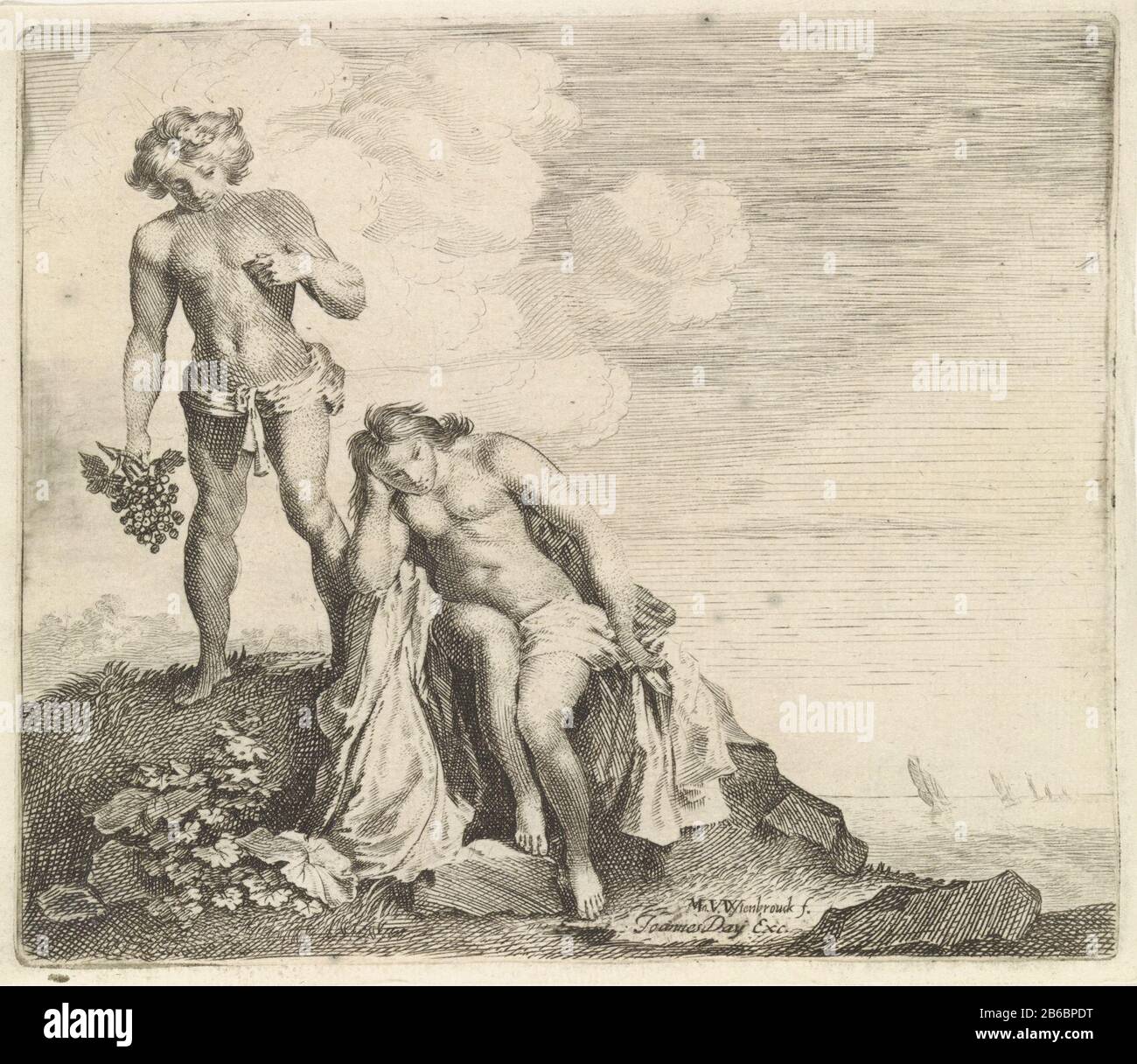 Bacchus Trouvez Ariadne sur Naxos Bacchus regarde l'Ariadne endormi. Il a un groupe de raisins en main. Scène des métamorphoses d'Ovid . Fabricant (Avec VIII, 176-177.): Printmaker: Moses van Uyttenbroeck (bâtiment classé) Editeur: John Day (propriété listée) Lieu de fabrication: Printmaker: La Haye Éditeur: Amsterdam (possible) Date: 1600 - 1647 et / ou 1700 - 1710 Caractéristiques physiques: Gravure et engring matériel: Plaque de papier technique: Gravure / engrine (processus d'impression) mesures: EDGE: H 125 mm × W 146 mm Objet : (histoire de) Ariadne et Bacchus Banque D'Images