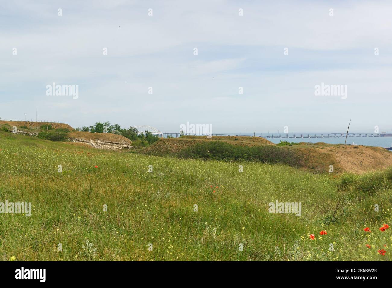 Herbes de la steppe de Crimée avec vue sur le détroit de Kerch. Jour de printemps nuageux Banque D'Images