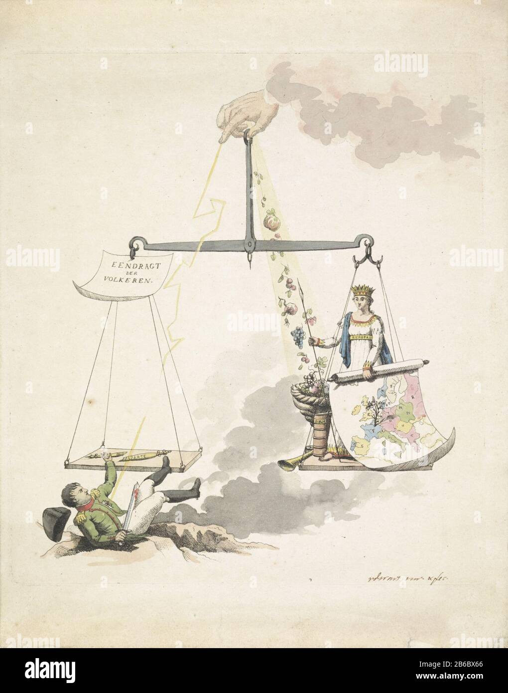 Balance van Europa, 1814 le dessin animé sur la chute de Napoléon en 1814.  L'empereur, frappé par la foudre, est montré dans l'équilibre 'Eendragt de  nations' et tenu par la main de