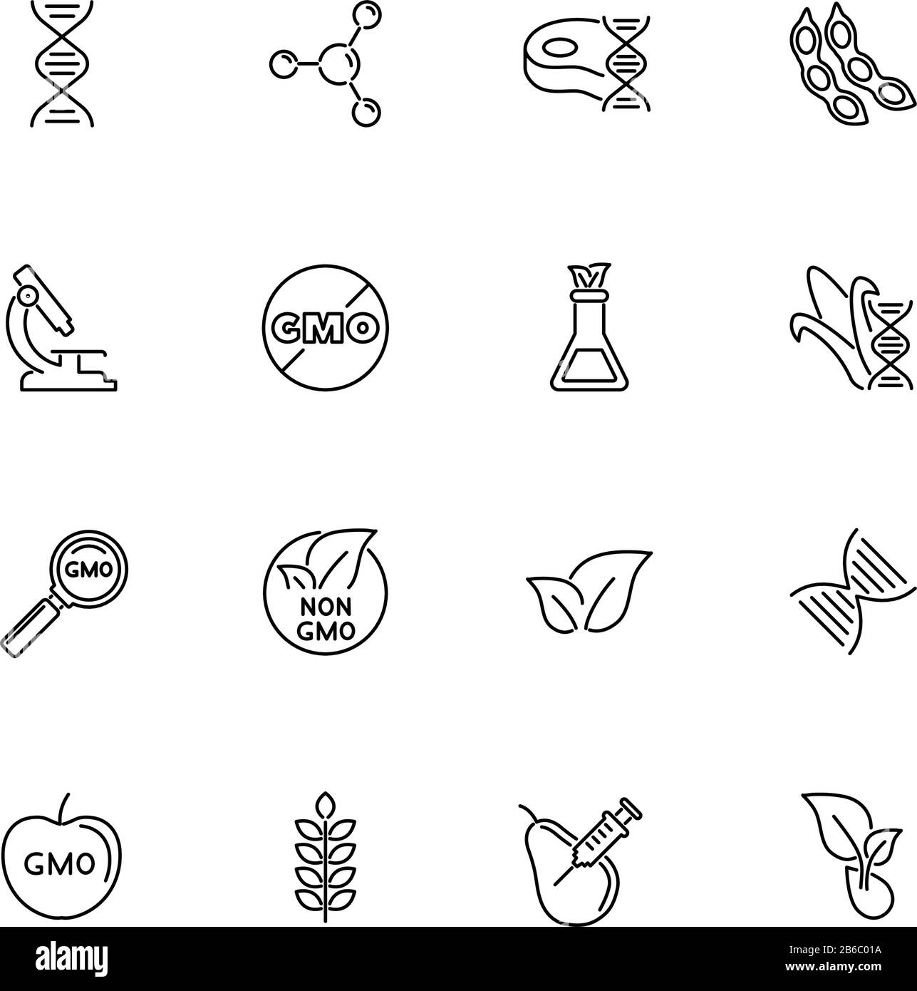 OGM, biotechnologie, Science contours icônes ensemble - symbole noir sur fond blanc. Ogm, Biotechnologie Symbole D'Illustration Simple - Sig De Simplicité Doublé Illustration de Vecteur