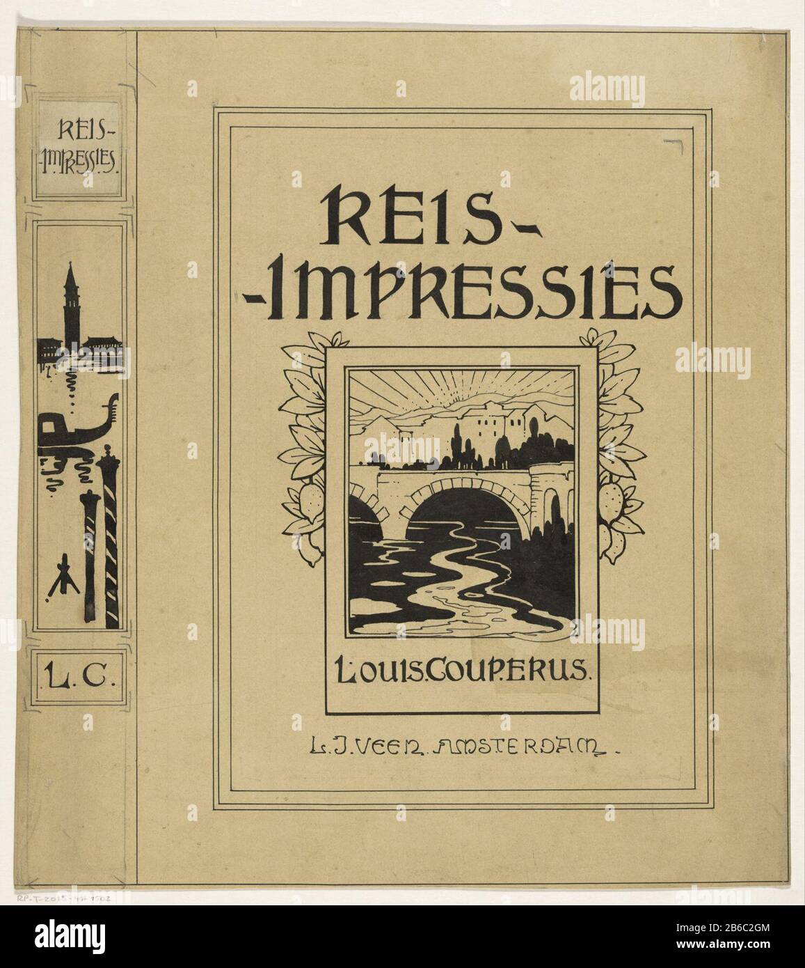 Couverture design pour Louis Couperus, Reisimpressies, 1894 vue d'un village au premier plan un pont au-dessus d'une rivière. L'idée est contenue dans une liste. Croissez autour des feuilles de table et des citrons. Sur la colonne vertébrale, vue sur Venise avec la tour de l'horloge et une télécabine sur l'eau. Fabricant : artiste: Charles Sluijter Mandat: En ou 1894 Caractéristiques physiques: Stylo et brosse à encre noire au crayon; bande collée: Crayon à encre papier technique: Stylo / brosse / pâte Dimensions: H 316 mm × W 286 mm Objet: perspective ou silhouette de village des parties de pont de village de l'extérieur de l'église et des annexes: campanile arbres: Banque D'Images