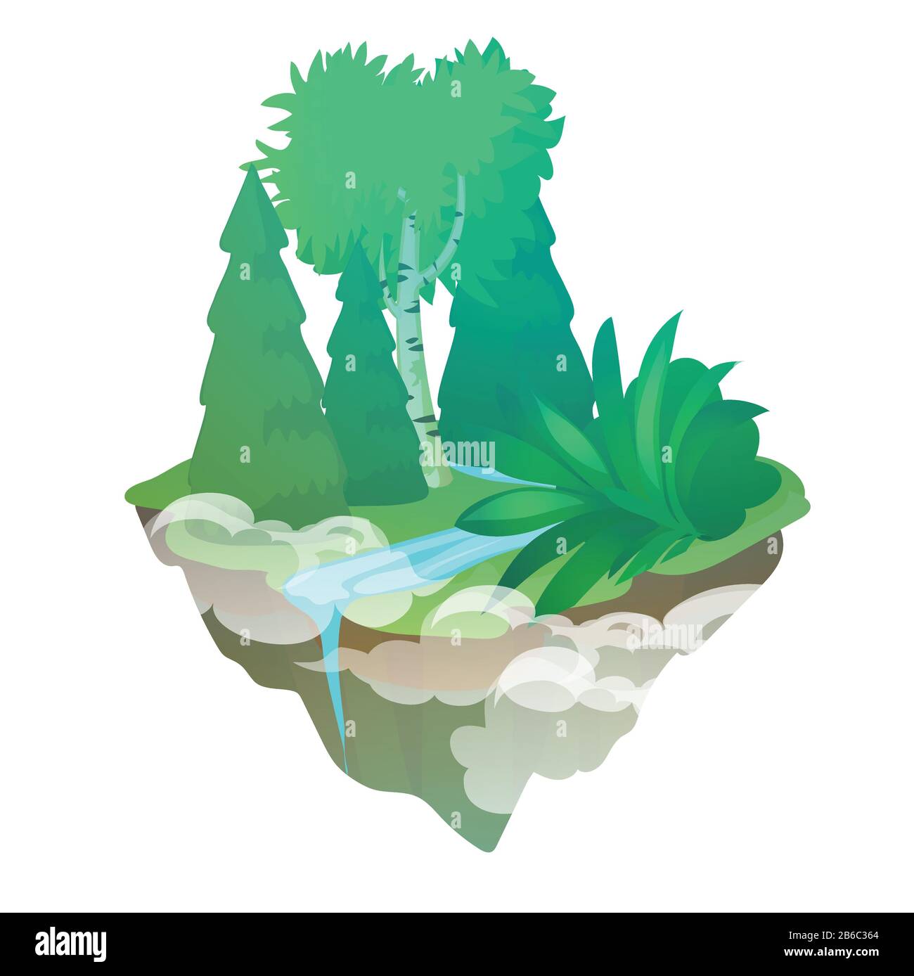Fragment de forêt avec un ruisseau isolé sur un fond blanc. L'île volante. Illustration de gros plan de la bande dessinée vectorielle. Illustration de Vecteur