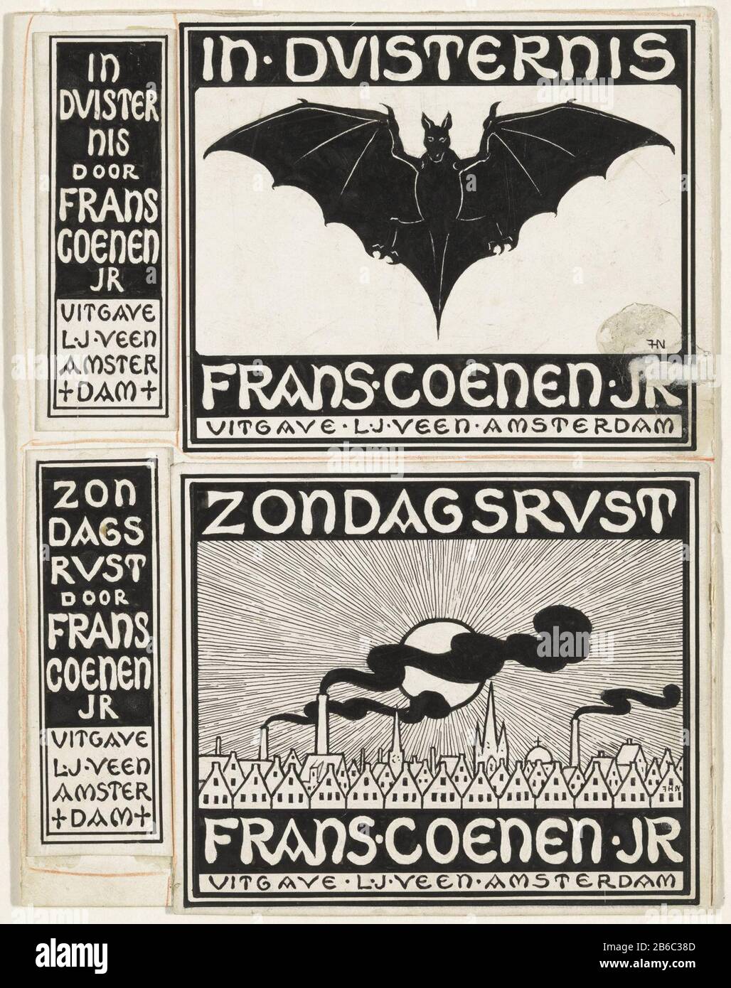 Bandes pour Frans Coenen, Dans les ténèbres (1903) et le Repos du dimanche (1902) une chauve-souris à ailes étalées. Vue sur les maisons de la ville, les églises et les cheminées d'usine fumeurs et le ciel un zon radiant. Fabricant : artiste: Ferdinand Hart Nibbrig (personnellement signé) Date: Le ou avant 1902 - 1903 Caractéristiques physiques: Stylo et pinceau à l'encre indienne, crayon et crayon orange sur papier coincé sur carton: Crayon à encre indienne technique: Stylo / pinceau / pâte dimensions: H 193 mm × W 148 mm Objet: Mammifères volants: Batstadsgezichten et paysages avec structures de l'homme moke-stack Banque D'Images