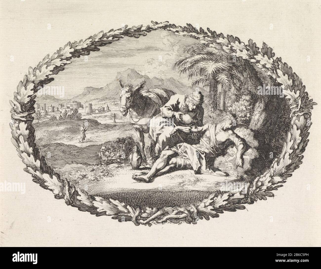Bon soin samaritain de blessures UNE performance dans une cartouche de branches de palmiers. Le Bon Samaritain soutient l'homme endeuré et blessé et a versé de l'huile et du vin sur ses blessures. En arrière-plan, le prêtre et le lévite dans un paysage. Parmi les cartouche la Bible référence Luc. 10: 35. Fabricant : printmaker Jan Luyken Editeur: Pieter Mortier (I) Lieu de fabrication: Amsterdam Date: 1700 Caractéristiques physiques: Matière de gravure: Technique du papier: Gravure Dimensions: Feuille: H 114 mm × W 149 mmToelichting Banque D'Images
