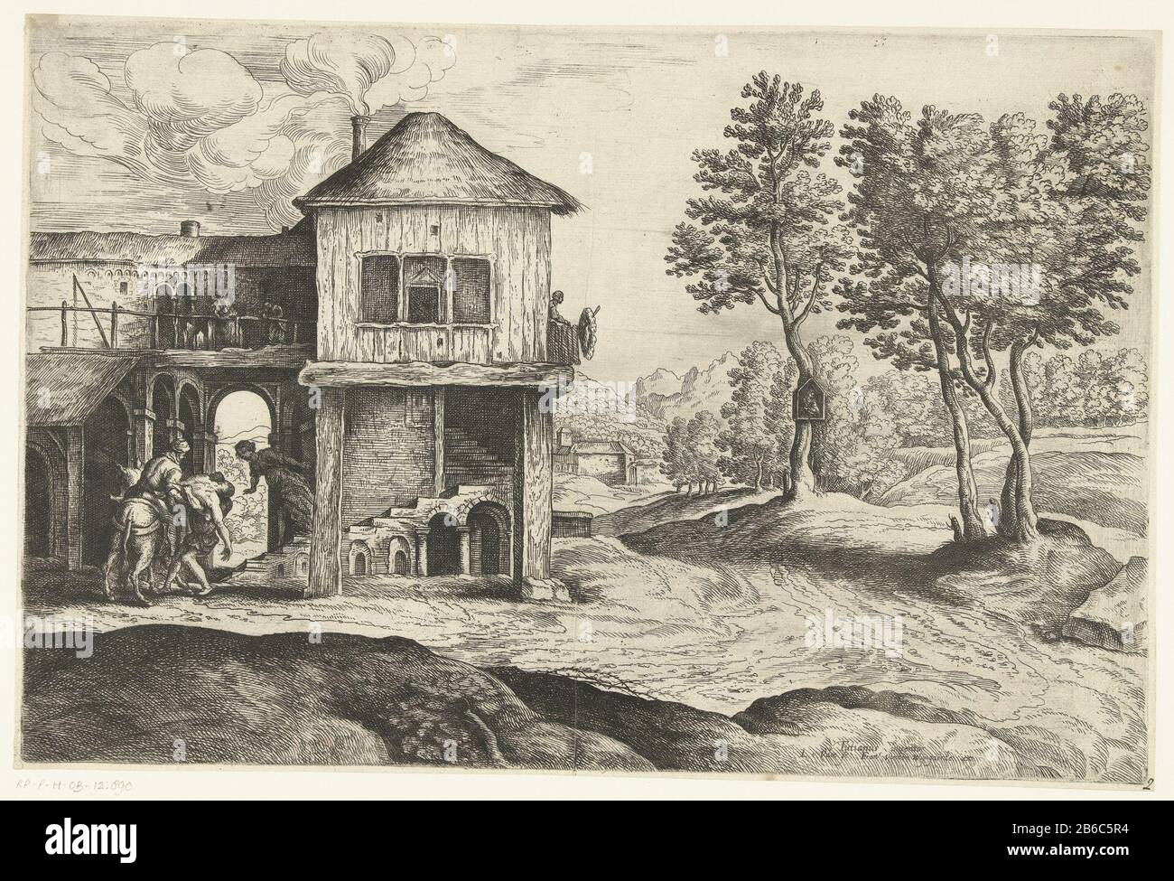 Bon Samaritan Le Bon cheval Samaritain livre le passager à un herberg. Fabricant : printmaker: Lucas van Uden (propriété listée) conçu par Titian (bâtiment listé) éditeur: Frans van den Wijngaerde (propriété listée) Lieu de fabrication: Pays-Bas Date: 1605 - 1673 Caractéristiques physiques: Gravure et engraflage matériel: Technique papier: Gravure / engraflage (processus d'impression) mesures: Bord de la plaque: H 242 mm × W 366 mm Objet: Le samaritain et le voyageur blessé arri à l'auberge; le voyageur est soigné Banque D'Images