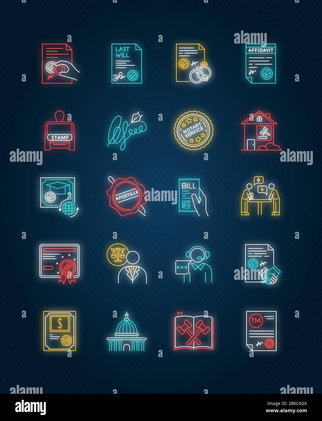 Notaire services néon icônes de lumière ensemble. Apostille et légalisation. Documents notariés. Notarisation. Papier juridique. Signes avec effet brillant extérieur Illustration de Vecteur