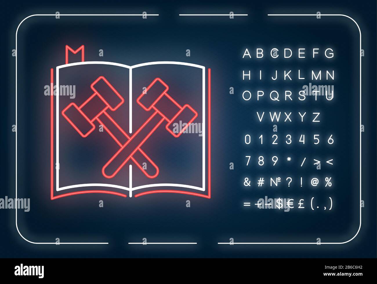 Code juridique icône néon. Statut de la Cour. Règlements fédéraux. Application de la loi. Législation. Effet brillant extérieur. Signe avec l'alphabet, les chiffres et Illustration de Vecteur