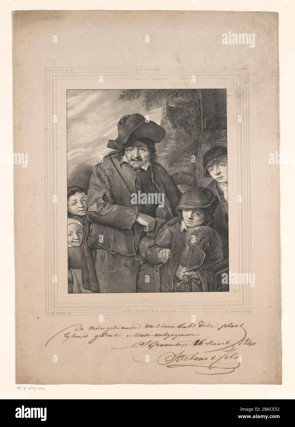 Enfants mendiants entourés de bum (objet titre) Un des enfants joue un violon. En haut à gauche: 'Pantheon PL. XL'. Fabricant : printmaker: P.m. Shield (propriété listée) conçu par: Adriaen van Ostade (bâtiment listed) imprimante: Andre & fils (bâtiment listed) Editeur: Andre & fils (propriété listed) Lieu de fabrication: Den Haag Date: 1840 matériau: Technique du papier: Lithographie (technique) Dimensions: Feuille: H 440 mm × W 313 mm Objet: Violon mendiant, violon - CC - OUT ou by Banque D'Images