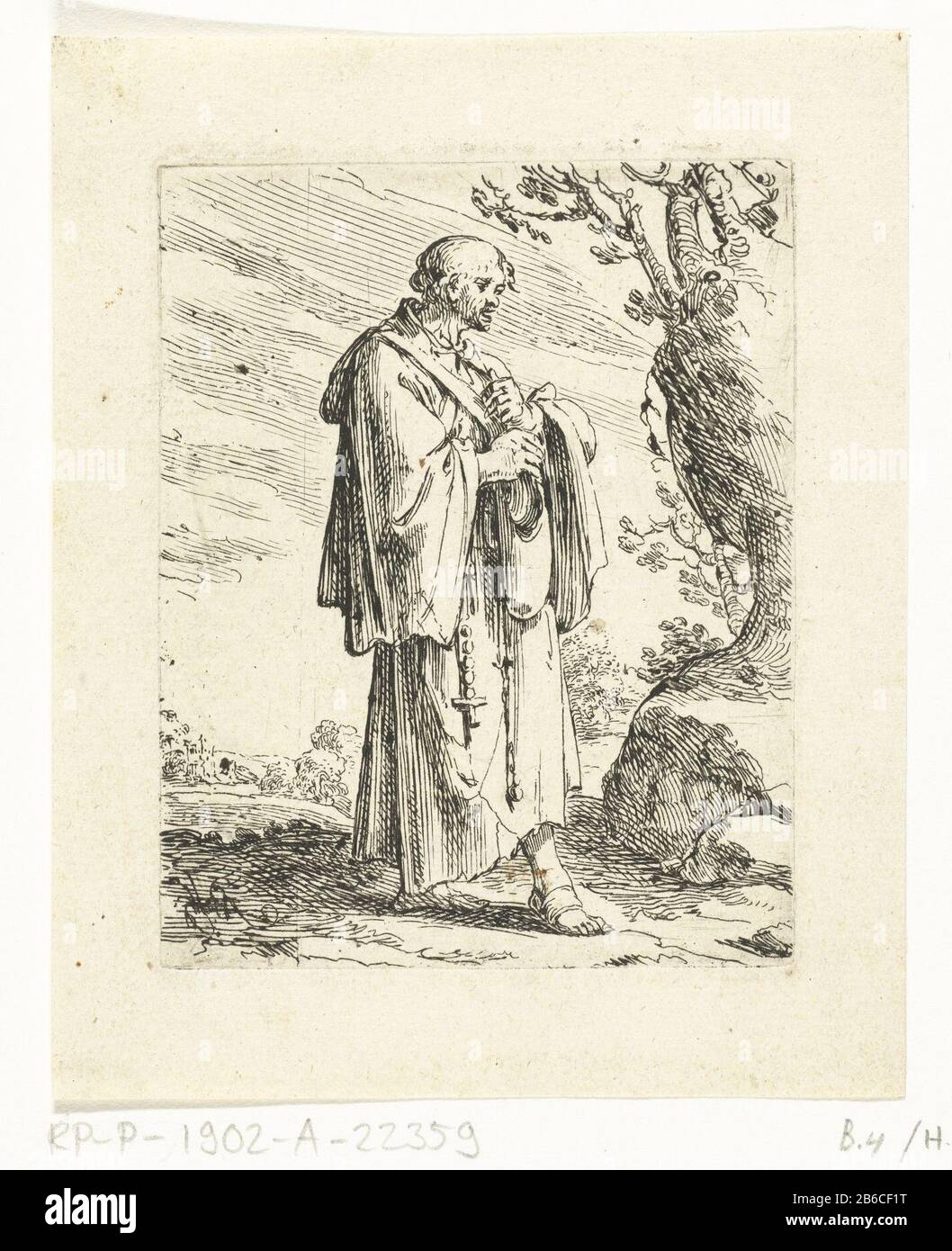 Bedelmonnik un mendiant, debout dans un landschap. Fabricant : printmaker: Séchage Les Deux (indiqué sur l'objet), à sa conception: Séchage Les Deux Lieu de fabrication: Date inconnue: CA. 1622 - ca. 1642 Caractéristiques physiques: Gravure et engraissement: Papier technique: Gravure / engraissement (impression) mesures: Bord de la plaque: H 93 mm × b 72 mm Objet: Moine (s), friar (s) mendiant Banque D'Images