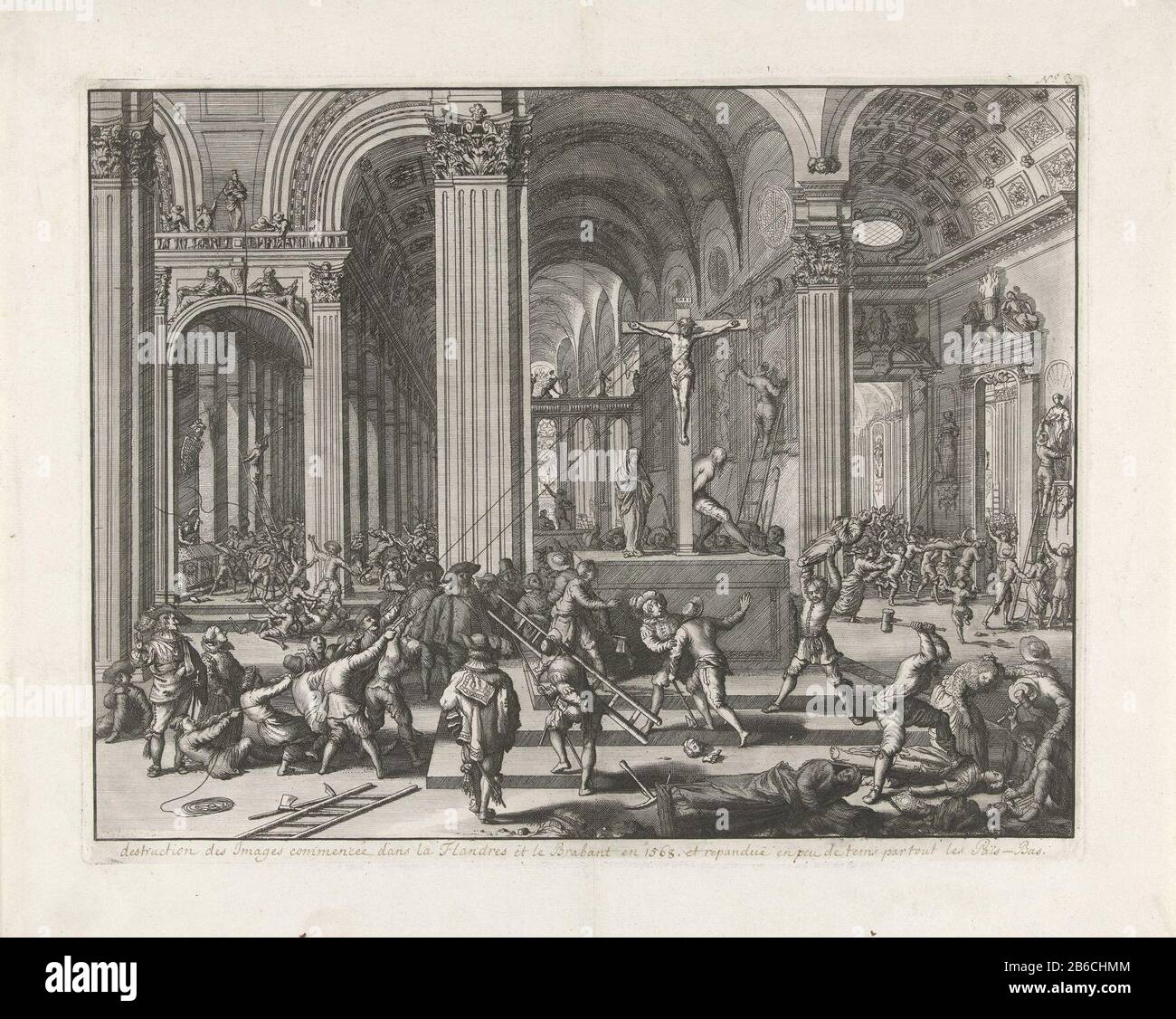 Iconoclasme, 1566 Face dans une église Où: Iconoclasme est en plein oscillation. Arracher et écraser les statues des saints. Au milieu tente un crucifix debout sur tirer l'autel. Avec stylo une signature en français dans la marge. Fabricant : printmaker Jan Luyken À son propre design: Jan Luyken Lieu de fabrication: Nord des Pays-Bas Date: 1677 - 1679 Caractéristiques physiques: Matière de gravure: Technique du papier: Gravure Dimensions: Bord de la plaque: H 270 mm × W 348 mm Objet: IconoclasmTachtigjarige War Beeldenstorm (1566) Quand: 1566 - 1566 Banque D'Images