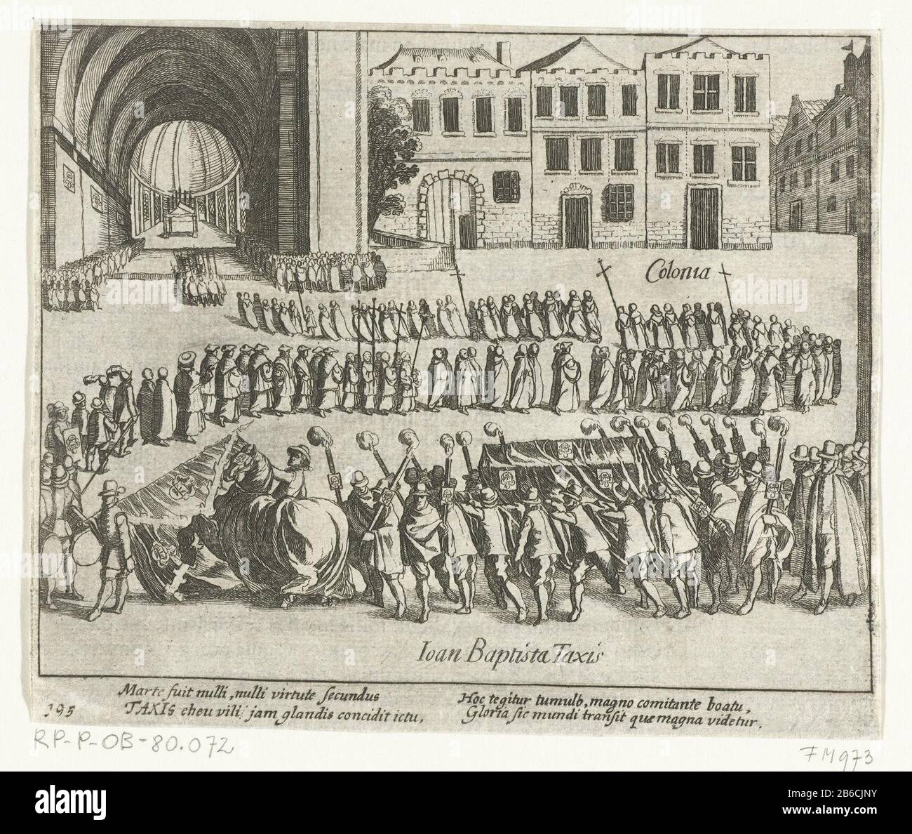 Funérailles de Johann Baptista von Tassis Cologne, 1588 funérailles de Johann Baptista von Tassis, tué lors du siège de Bonn, Cologne, 26 avril 1588 épisode de la guerre de Cologne. Avec signature de quatre lignes en latin. Numéroté 195. Imprimé au dos avec du texte à Latijn. Fabricant : printmaker Simon Frisiusnaar photo de la haute fabrication française: Nord des Pays-Bas Date: 1613 - 1615 Caractéristiques physiques: Matériel de gravure: Technique du papier: Gravure Dimensions: Feuille: H mm × W 161 mmToeliechtingillustratie venant de W. Baudartius, Polemographia Auraico-Belgica, Michiel Colijn, Amsterdam 16 Banque D'Images