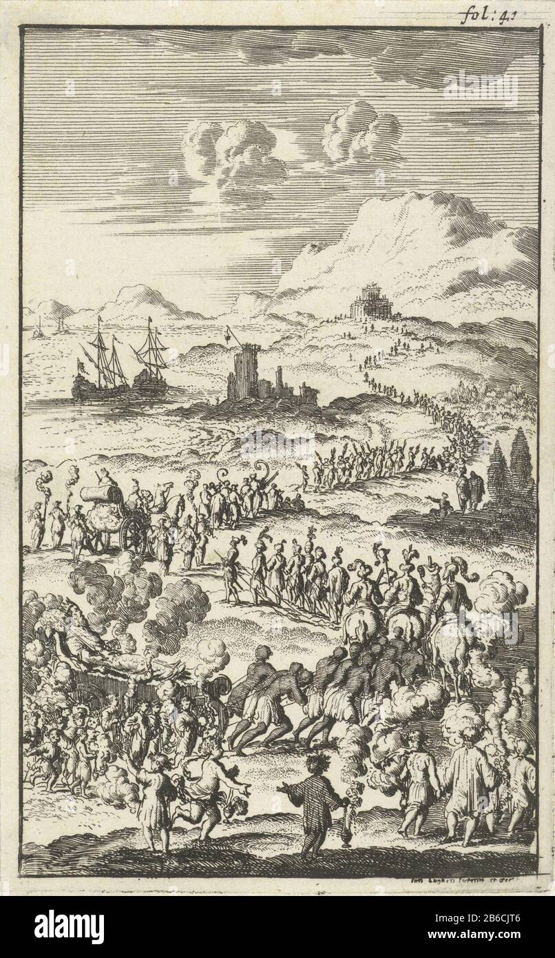 Inhumation de Meleander Imprimer droit libellé: F: 41 Fabricant : printmaker Jan Luyken à son propre design: Jan Luyken (bâtiment classé) éditeur: Jan Claesz ten Hoor Lieu de fabrication: Amsterdam Date: 1681 Caractéristiques physiques: Matière de gravure: Papier technique: Dimensions de gravure: Feuille: H 138 mm × W 81 mmToeliechtingillustratie inclus dans la deuxième partie de : Barclay, John. D'Argenis, 2 parties. Amsterdam: Jan Claesz À Hoorn, 1680-1681. Objet: Cérémonie funéraire Banque D'Images