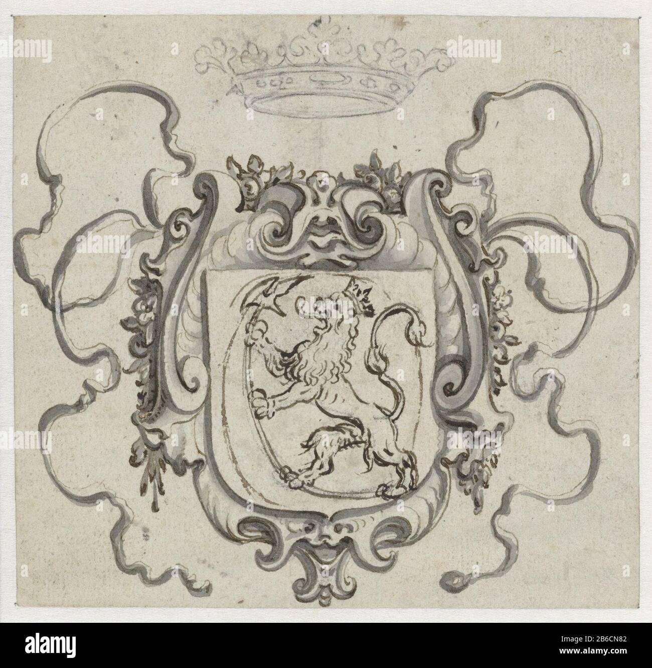 Bras couronnés avec un lion déchaîné. Fabricant : Artiste: Pieter Jansz. Datation: 1630 - 1672 Caractéristiques physiques: Stylo en marron , pinceau en gris, doorgegriffeld matériel: Encre papier technique: Stylo / pinceau / par griffel dimensions: H 72 mm × b 73 mm Objet: Bêtes de proie, animaux prédateurs: Lion (+ animaux héraldiques) armurien, heraldry Banque D'Images