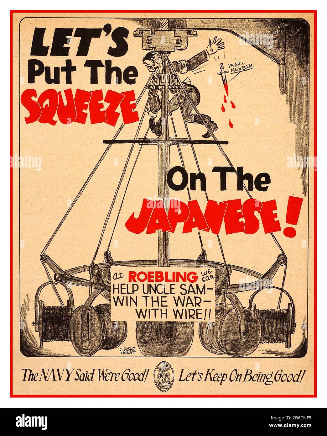 Vintage WW2 American War Work Cartoon Propaganda « Lets put the squeeze on the Japanese », avec Hitler enchevêtré dans des machines de production de guerre qui laissent tomber un poignard qui coule dans le sang de Pearl Harbor Banque D'Images
