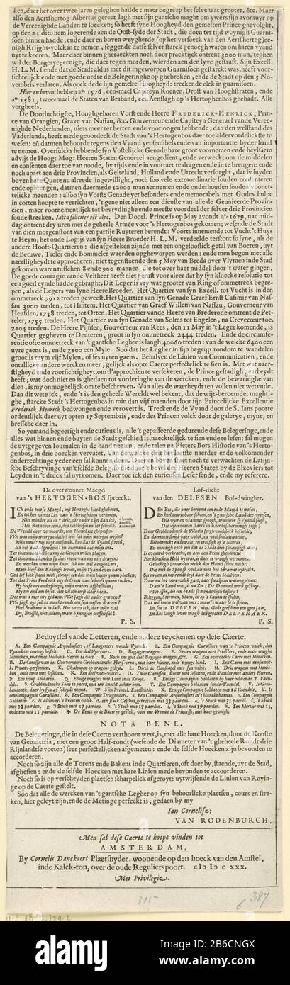 Siège et capture de Den Bosch par Frederick Henry, 1629 (fiche texte) Grote kaart van de omsingeling van Den Bosch tijdens het beleg DOOR het Staatse leger onder Frederik Hendrik, van 1 mei tot 17 septembre 1629. Geheel bestaande uit 4 plaque en 4 tekstbladen. Tekstblad in het Nederlands met het vervolg van de beschrij van de belegering en verovering van de stad. Onderaan enkele lofdichten. Fabricant : uitgever: Cornelis Danckerts (i) (vermeld op object)landmeter: Jan Cornelis van Rodenburgh (vermeld op object)schrijver: Petrus Scriverius (vermeld op object)verlener van Privilege: Staten-Gen Banque D'Images