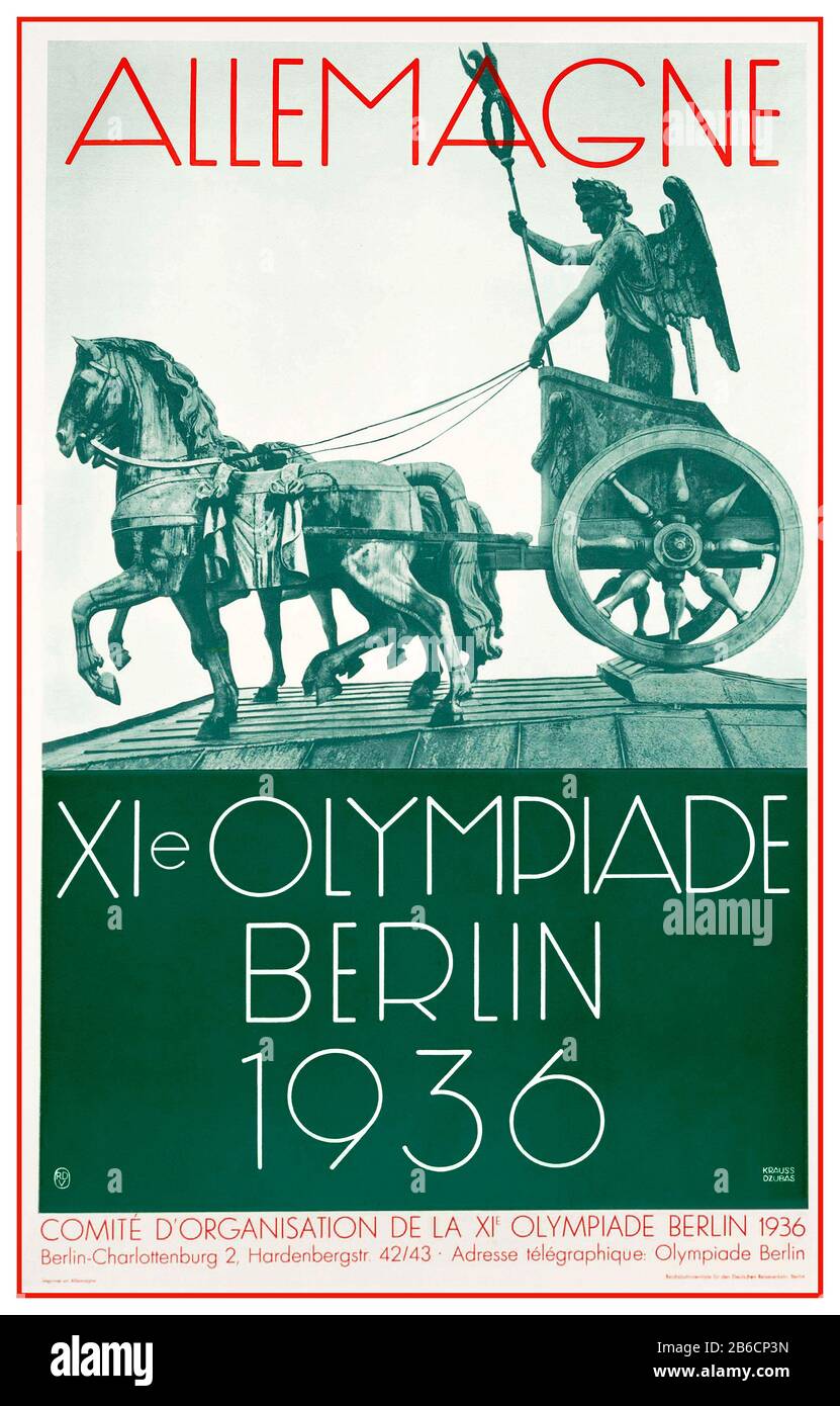 Affiche des Jeux olympiques d'époque 1936 avec la statue Quadriga au sommet de la porte de Brandebourg Berlin Allemagne XIE OLYMPIADE BERLIN, 1936 offset lithographie en couleur, Friedel Dzubas & Krauss 1936 Banque D'Images