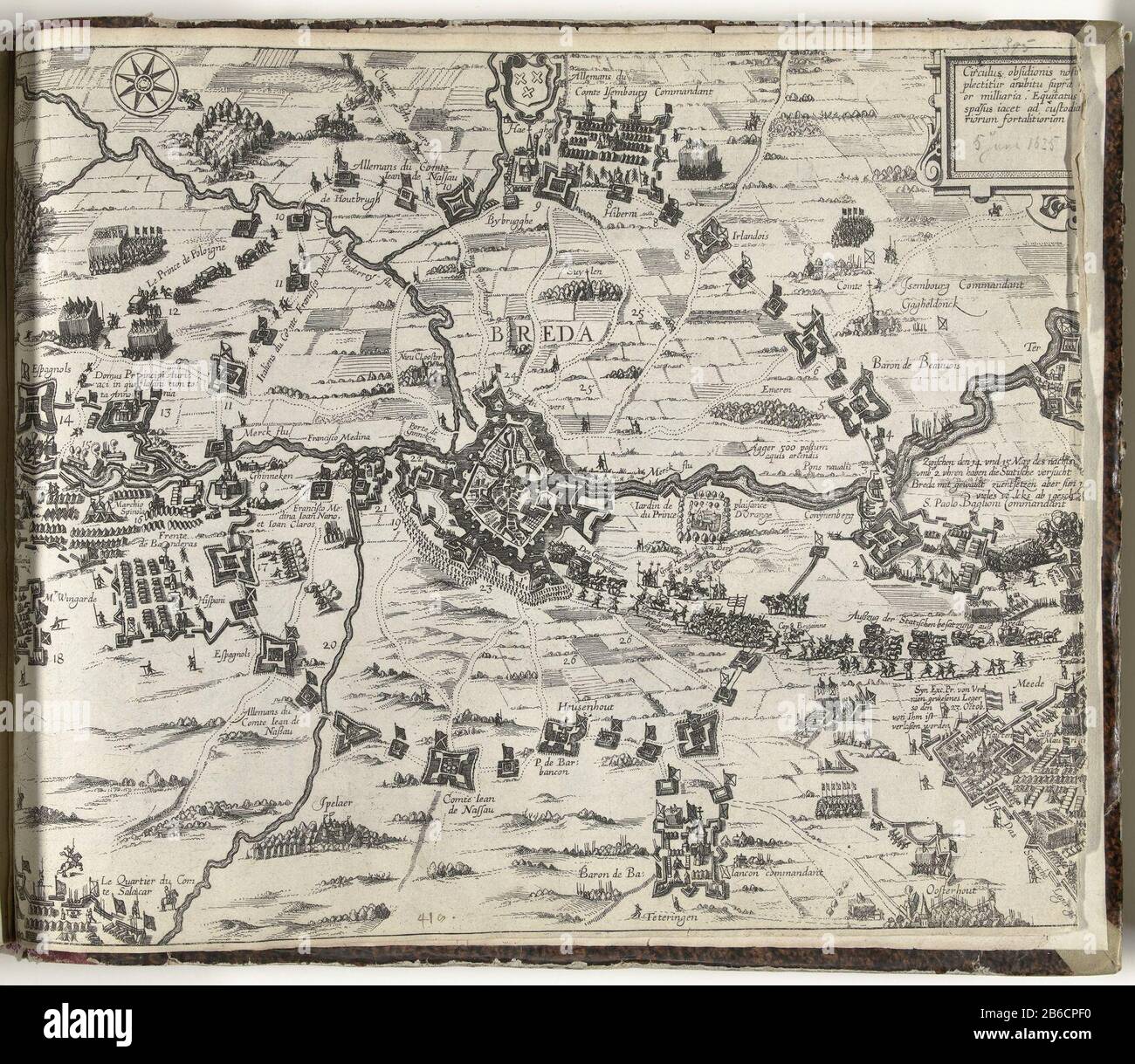 Siège de Breda par Spinola, 1625 série 11 événements externes divers, 1571-1631 (titre de la série) siège de Breda par Spinola, pris le 5 juin 1625. Grande présentation de la ville de Breda et des environs avec les positions des troupes assiégantes espagnoles. Droite une cartouche avec du texte latin. Sans signature. Numéroté avec stylo : 418. L'impression fait partie d'un album. Fabricant : printmaker French High Mountain (atelier) Lieu de fabrication: Cologne Date: 1625 - 1627 Caractéristiques physiques: Gravure: Technique du papier: Gravure Dimensions: Album sheet: H 305 mm × W 370 mm Sujet: Cartes de s Banque D'Images