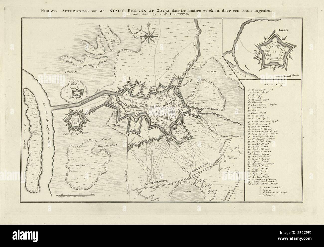 Siège de Bergen op Zoom, 1747 Nouvelle signature du Stadt Bergen op Zoom, tel que conçu par Places, par un ingénieur français (titre objet) carte du siège de Bergen op Zoom de juillet-septembre 1747. Paris en haut à droite avec le fort Lillo, y compris la légende 1-38 et A- D Fabricant : printmaker: Cartographe anonyme inconnu (bâtiment classé) éditeur: Reiner Ottens (I) et Joshua (propriété cotée) Lieu de fabrication: Printmaker: Cartographe du nord des Pays-Bas: Bergen op Zoom Éditeur: Amsterdam Date: 1747 Caractéristiques physiques: Matériel de gravure: Technique papier: dimensions de gravure : plaque Banque D'Images