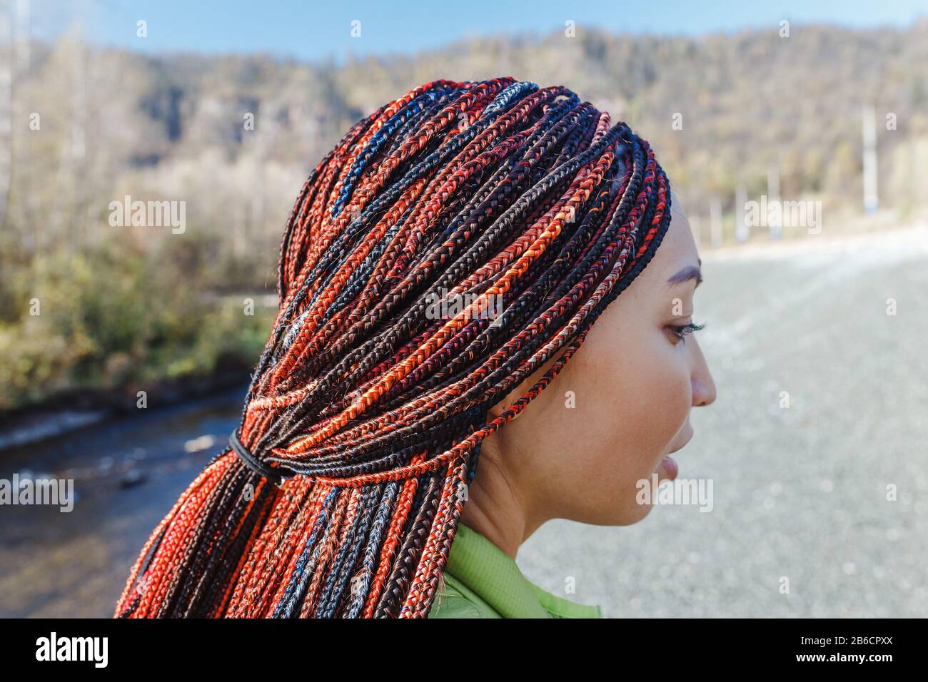Gros plan de femme afro Braid et de dreadlocks, tir en plein air Banque D'Images
