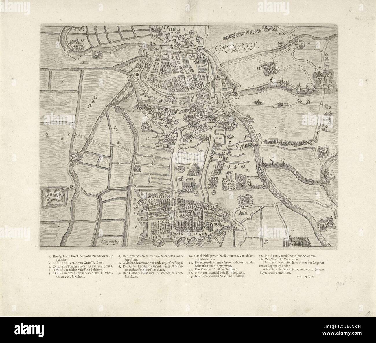 Siège de Groningue, 1594 Siège de Groningue par l'armée des Etats sous le Prince Maurice, 22 mai - juin 1594. Plan de la ville et à proximité de la position des troupes de l'Etat, des remparts et des tranchées au sud de la ville. Mis à part imprimé sous la plaque la clé 1-16 et la date juillet 22 1594 en Nederlands. Fabricant : Printmaker: Bartholomeus Willemsz. Dolaendo (propriété cotée) fournisseur de privilège inconnu fabrication de lieux: Northern Netherlands Dating: 1600-1601 et / ou 1610 Caractéristiques physiques: Engrala avec du texte en typographie matériel: Technique du papier: Engraa (processus d'impression) / formats d'impression: Feuille: H 332 Banque D'Images Siège de Groningue, 1594 Siège de Groningue par l'armée des Etats sous le Prince Maurice, 22 mai - juin 1594. Plan de la ville et à proximité de la position des troupes de l'Etat, des remparts et des tranchées au sud de la ville. Mis à part imprimé sous la plaque la clé 1-16 et la date juillet 22 1594 en Nederlands. Fabricant : Printmaker: Bartholomeus Willemsz. Dolaendo (propriété cotée) fournisseur de privilège inconnu fabrication de lieux: Northern Netherlands Dating: 1600-1601 et / ou 1610 Caractéristiques physiques: Engrala avec du texte en typographie matériel: Technique du papier: Engraa (processus d'impression) / formats d'impression: Feuille: H 332 Banque D'Images