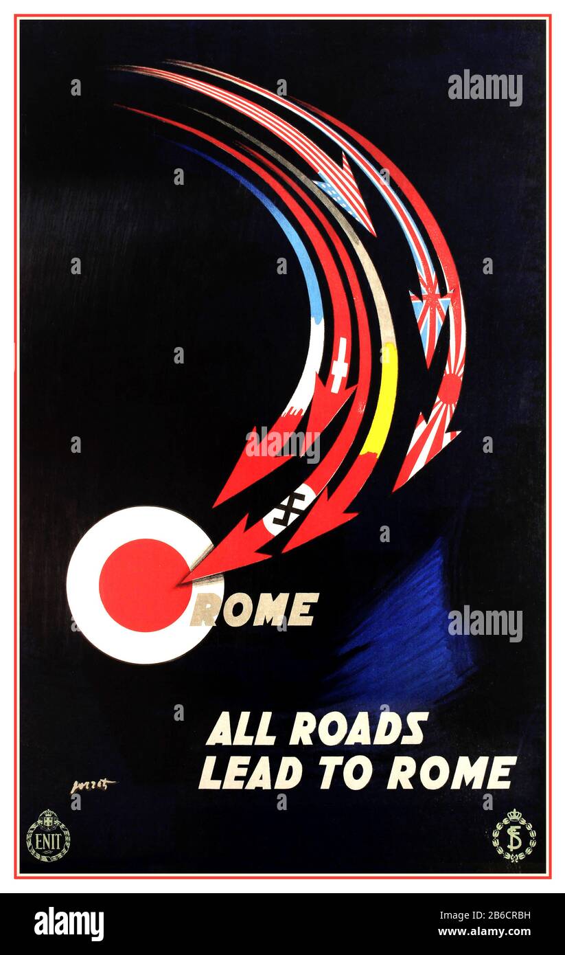 Rome Vintage avant la deuxième Guerre mondiale affiche de voyage 1930 - Toutes Les Routes mènent à Rome - avec un design de Severo Pozzati (1895-1983) représentant les drapeaux de l'Amérique, du Japon, de l'Allemagne nazie et de Swastika, de la Grande-Bretagne, de la Suisse, de la France et de la Belgique en rouge vif, bleu, Flèches formant blanc et jaune pointant vers la cible de l'oeil de taureaux rouge et blanc de Rome, Imprimé en Italie par le département de Tourisme d'Etat italien ENIT - Stampatonelle, Off. Graf Coen & C Milano. : Italie, Banque D'Images