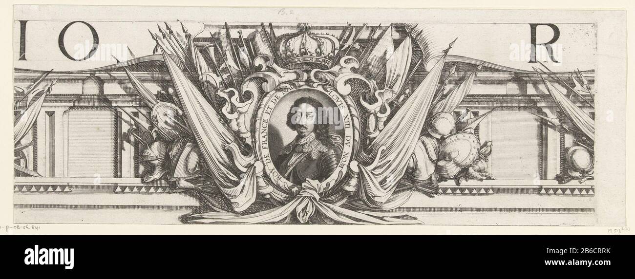 Siège de la Rochelle, septembre 1627-octobre 1628 (bord ​​work, partie centre supérieur) seizième partie (bord ​​work, partie centre supérieur) d'une photo du siège du bastion Huguenot la Rochelle dans les années 1627 et 1628, Ce qui a été commandé par le roi de France par l'armée française dirigée par le Cardinal Richelieu. Sur cette feuille un portrait de l'ovale Louis XIII avec lettrage de bord entouré d'une couronne et d'attributs militaires. En haut à gauche, les lettres 'IO' et en haut à droite un grand 'R', parties du titre du prent. Fabricant : Print Maker: Michel Lasne Print auteur: Abraham Boss Place manuf Banque D'Images