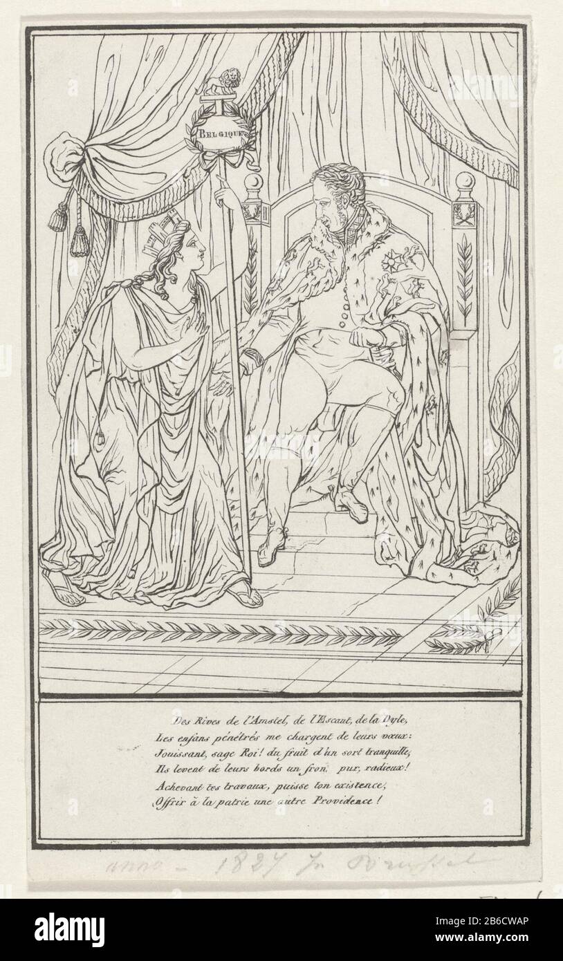 Allégorie sur les bénédictions du règne du roi William I, 1827. La Vierge belge ou néerlandaise se tenant devant le roi William I sur son trône. Elle porte une norme avec l'inscription 'Belgique'. Avec verset à six lignes. Présentation à contouren. Fabricant : Print maker: Fabrication anonyme: Pays-Bas Date: 1827 Caractéristiques physiques: Gravure et engrama matière: Technique du papier: Gravure / engrama (impression) mesures: Feuille: H 184 mm × W 110 mmToelichtNiet à Frederik Muller; ajouté par le numéro RPK. Objet : personnes ou pays, nations, États, dis Banque D'Images