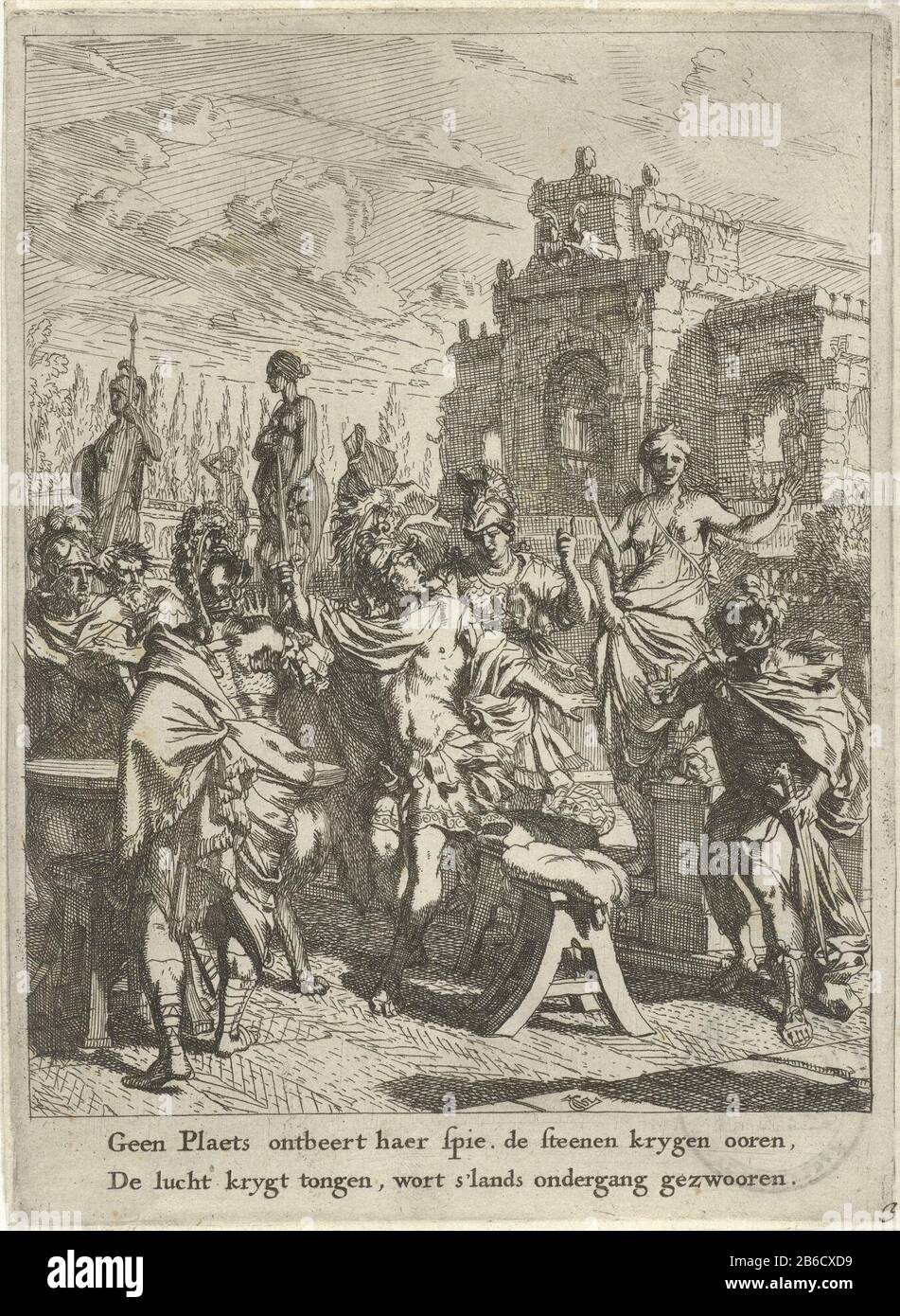 Délibération entre Aeneas et ses disciples a interrompu Les Illustrations à la tragédie de Didoos Doot (titre de la série) les délibérations Aeneas porte ses disciples, par Dido et a interrompu sa sœur Anna. La marge est une légende à deux lignes en néerlandais. Cette illustration est faite dans le deuxième acte de la tragédie Didoos Doot (1668), écrit par Andries Pels. L'impression fait partie d'une série de quatre parties avec des scènes de ce treurspel. Fabricant : printmaker: Gerard de Lairesse (bâtiment classé) dans sa conception: Gerard de Lairesse Date: 1668 Caractéristiques physiques: Gravure: Technique du papier: Gravure des hommes Banque D'Images