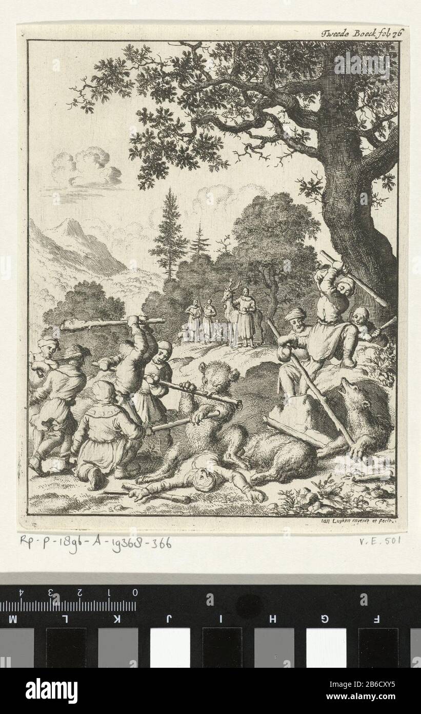 Chasse à l'ours avec des clubs Prent rechtsboven geerkt: Tweede Boeck fol. 76. Fabricant : protmaker: Jan Luyken (vermeld op object)naar eigen ontwerp van: Jan Luyken (vermeld op object)uitgever: Jan Claesz ten Hoorn (vermeld op object)Plaats fabricación: Amsterdam Dating: 1682 kenmerken physique: ETS Material: Papier Techniek: Etsen Dimensions: Lelickelicken: Johannes Togenelighen: Banque D'Images