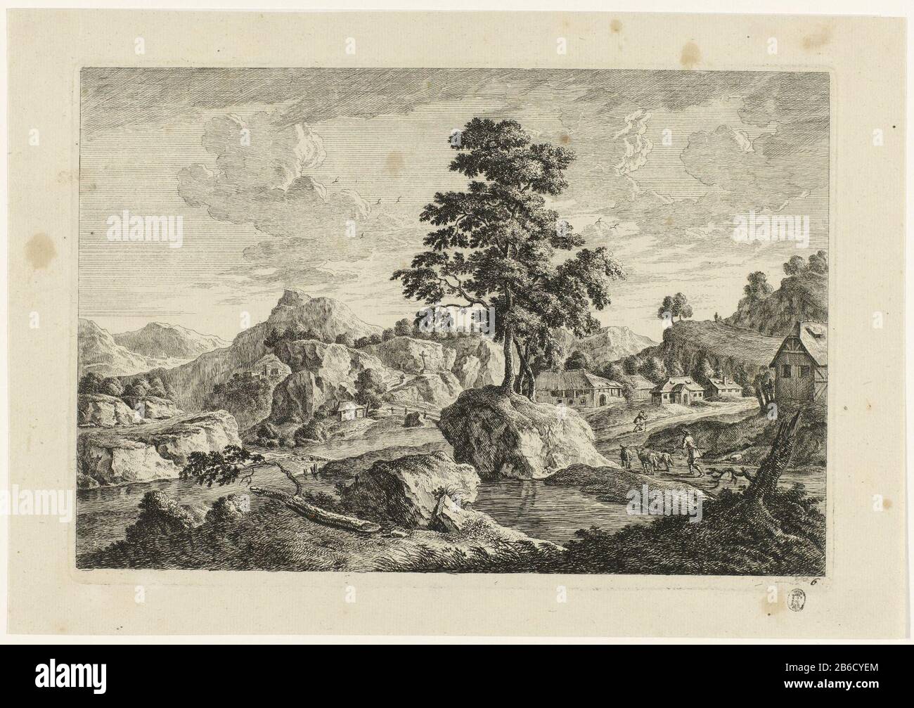 Paysage montagneux avec maisons en bas à droite numéroté 6. Fabricant : machine à imprimer: Monogrammiste MEGPlaats fabrication: Allemagne Date: 1700 - 1730 Caractéristiques physiques: Matière de gravure: Technique du papier: Dimensions de gravure: Feuille: H 205 mm × W 295 mmplaatrand: H 172 mm × W 252 mm Sujet: Paysages dans la zone tempérée ferme ou maison solitaire en paysage et en zone tempérée Banque D'Images