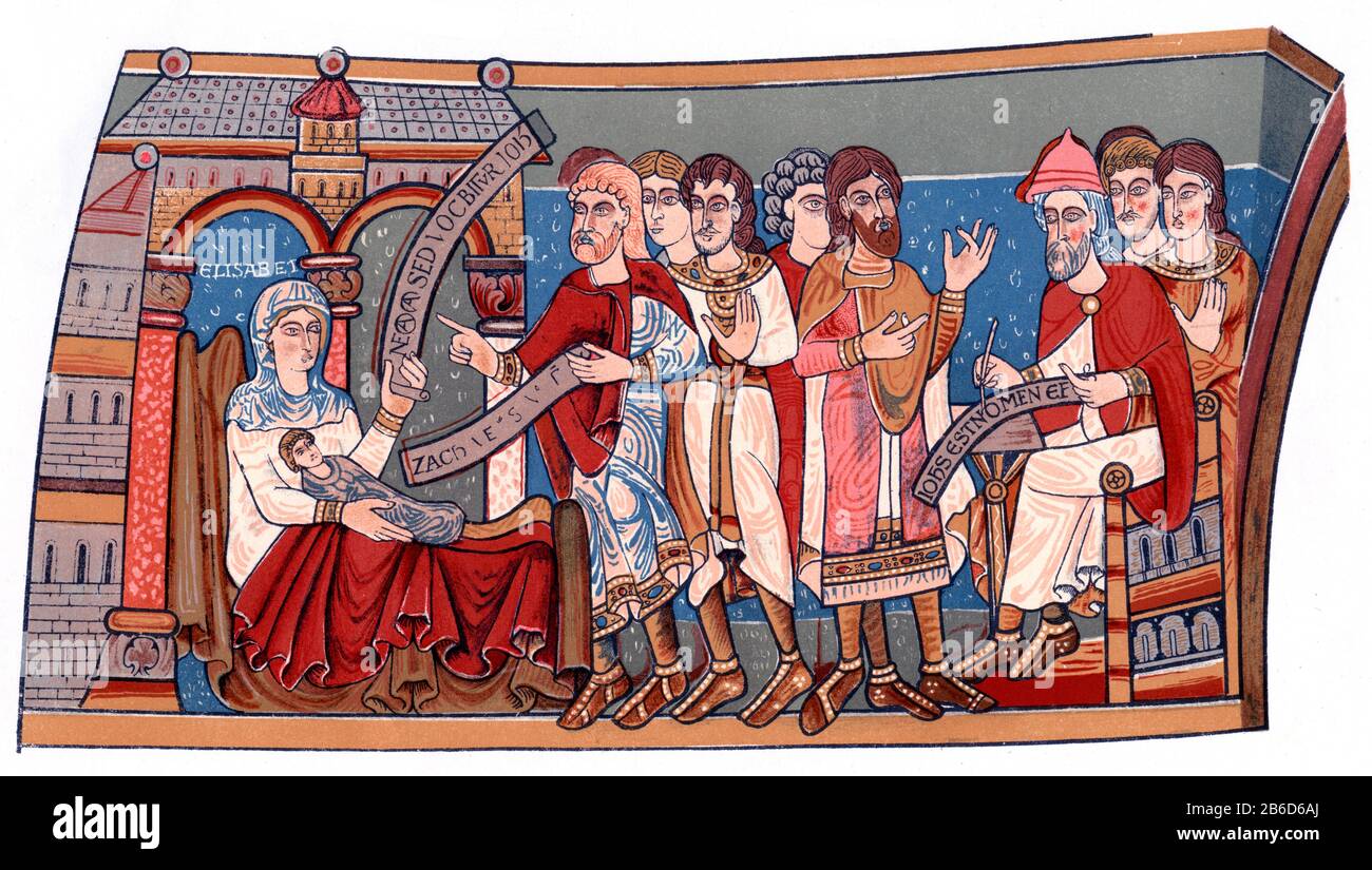 Dénomination de St Jean-Baptiste. Après une frescoe dans la crypte de la cathédrale de Canterbury, c1180. Elizabeth à gauche tient le bébé Jean-Baptiste alors que Zacharias à droite siège dans sa chaise et écrit. Banque D'Images