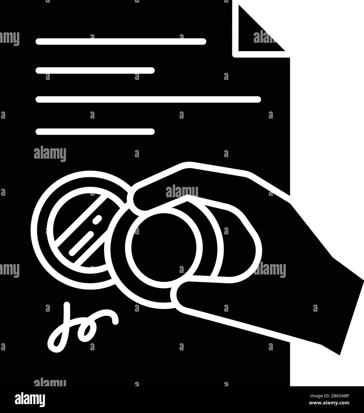 Main avec icône de glyphe noir de timbre. Certificat. Apostille et légalisation. Licence. Contrat. Accord juridique. Services de notaire. Symbole silhouette activé Illustration de Vecteur