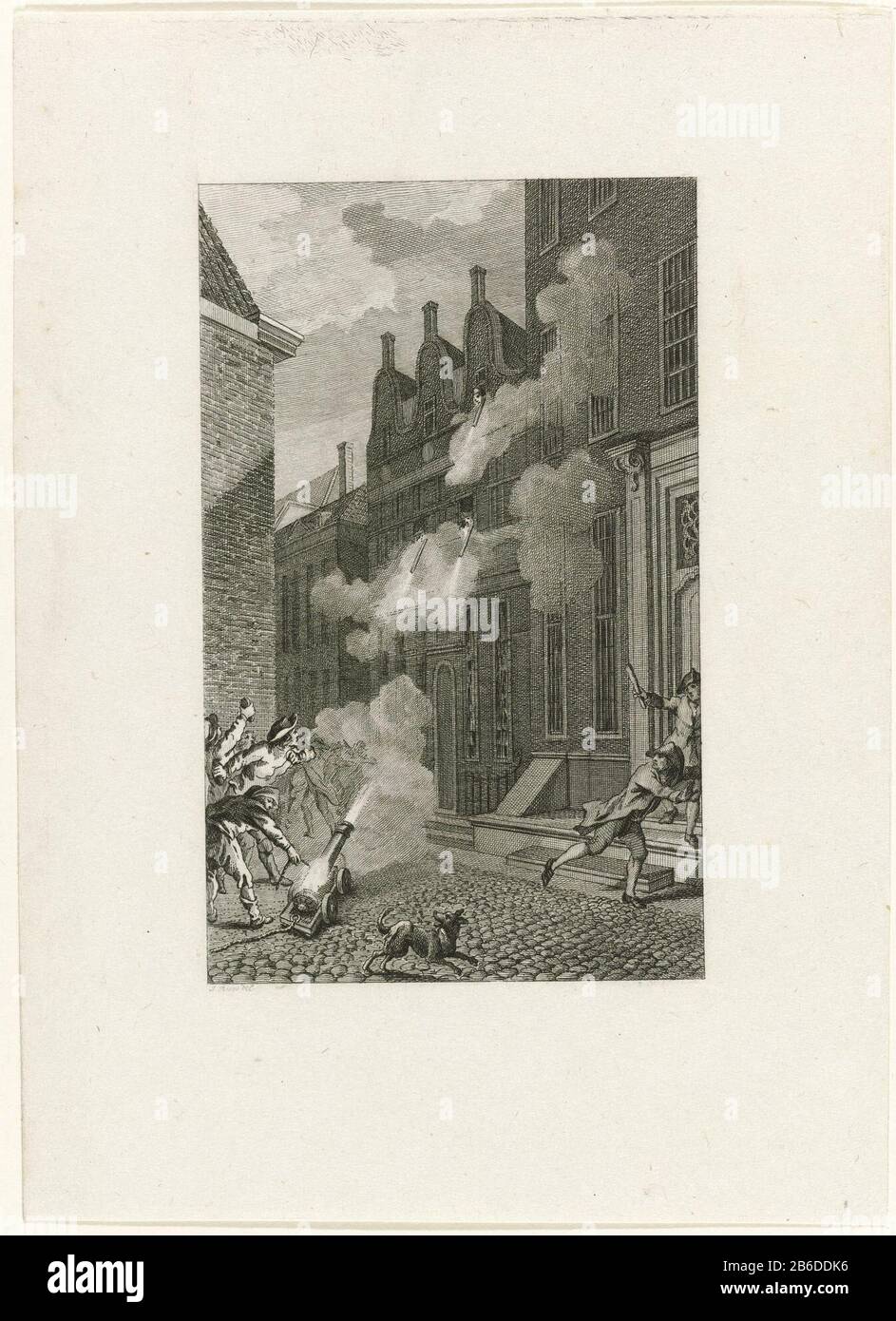Bombardement du logement de Lucas de Steveninck, 1787 Orangistes tirent une petite maison de canon Leeuwenburg Middelburg le médecin patriote Lucas Steveninck, dans la nuit du 30 juin au 1er juillet 1787. Les résidents tirent des fenêtres de la maison avec des canons terug. Fabricant : printmaker: Reiner Vinkeles (i) (montré sur l'objet) à dessin de: Jacobus Buys (indiqué sur l'objet) à imprimer par: Mathias The SalliethPlaats fabrics: Northern Netherlands Date: 1797 Caractéristiques physiques: Gravure et engraa, test d'impression avant la lettre matériel: Papier technique: Gravure / engraa ( impression proc Banque D'Images