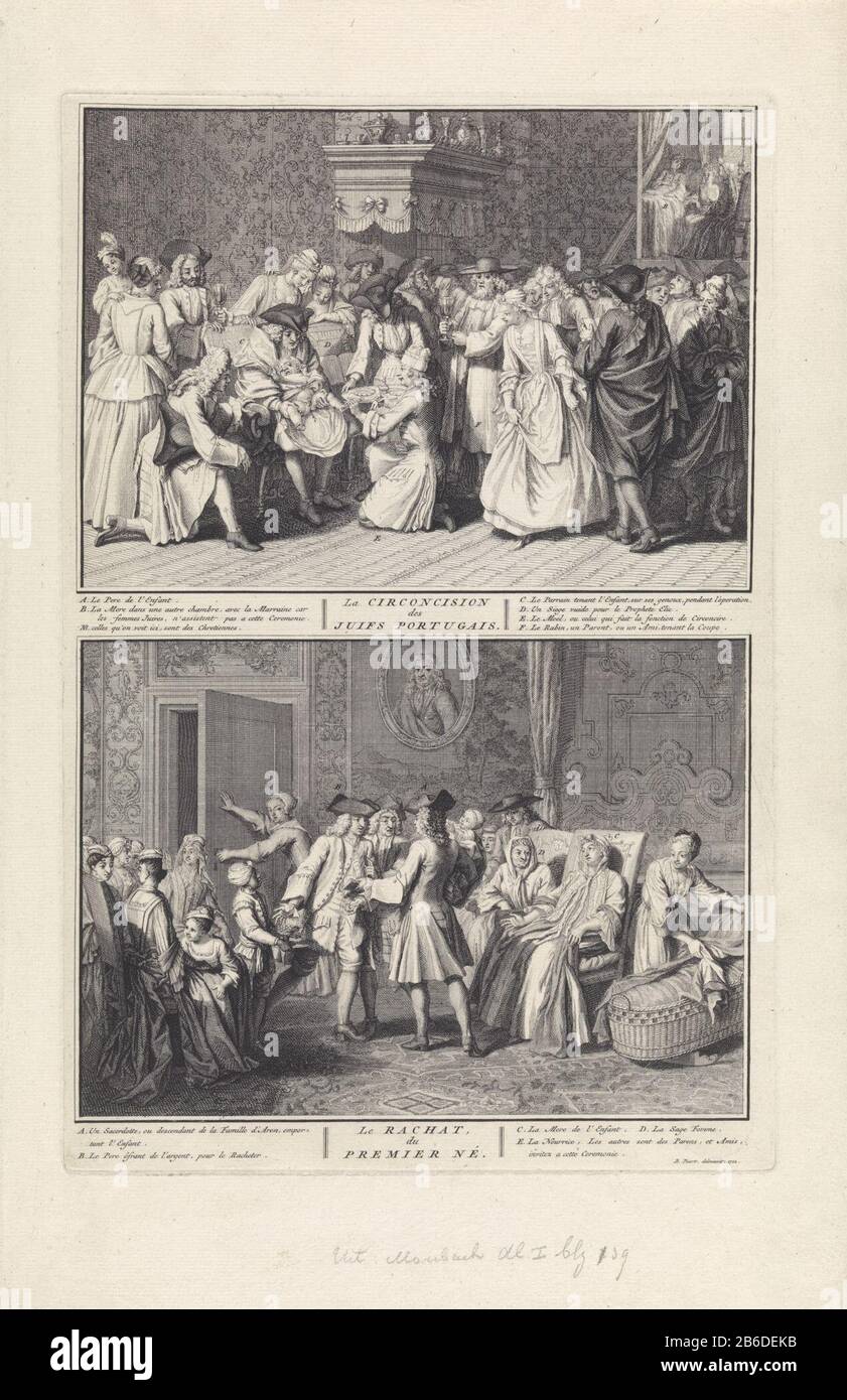 Feuille avec deux représentations de pratiques juives autour de la naissance. Ci-dessus: Un garçon de huit jours doit être circoncis. La circoncision est réalisée par le mohel qui s'agenouille pour le nouveau-né. Autour des spectateurs en arrière-plan dans une zone différente de la mère de l'enfant de ​​the. Ci-dessous: La libération de terugkoping du fils du premier-né. Un descendant d'Aaron tient le fils nouveau-né sur le bras. Selon les Juifs, utilisez ses fils d'origine consacrés à Dieu et destinés à la prêtrise. Le père offre à l'homme un bol de pièces pour racheter son fils. Assis sur une chaise avec la mère de l'enfant. Parmi l'imag Banque D'Images