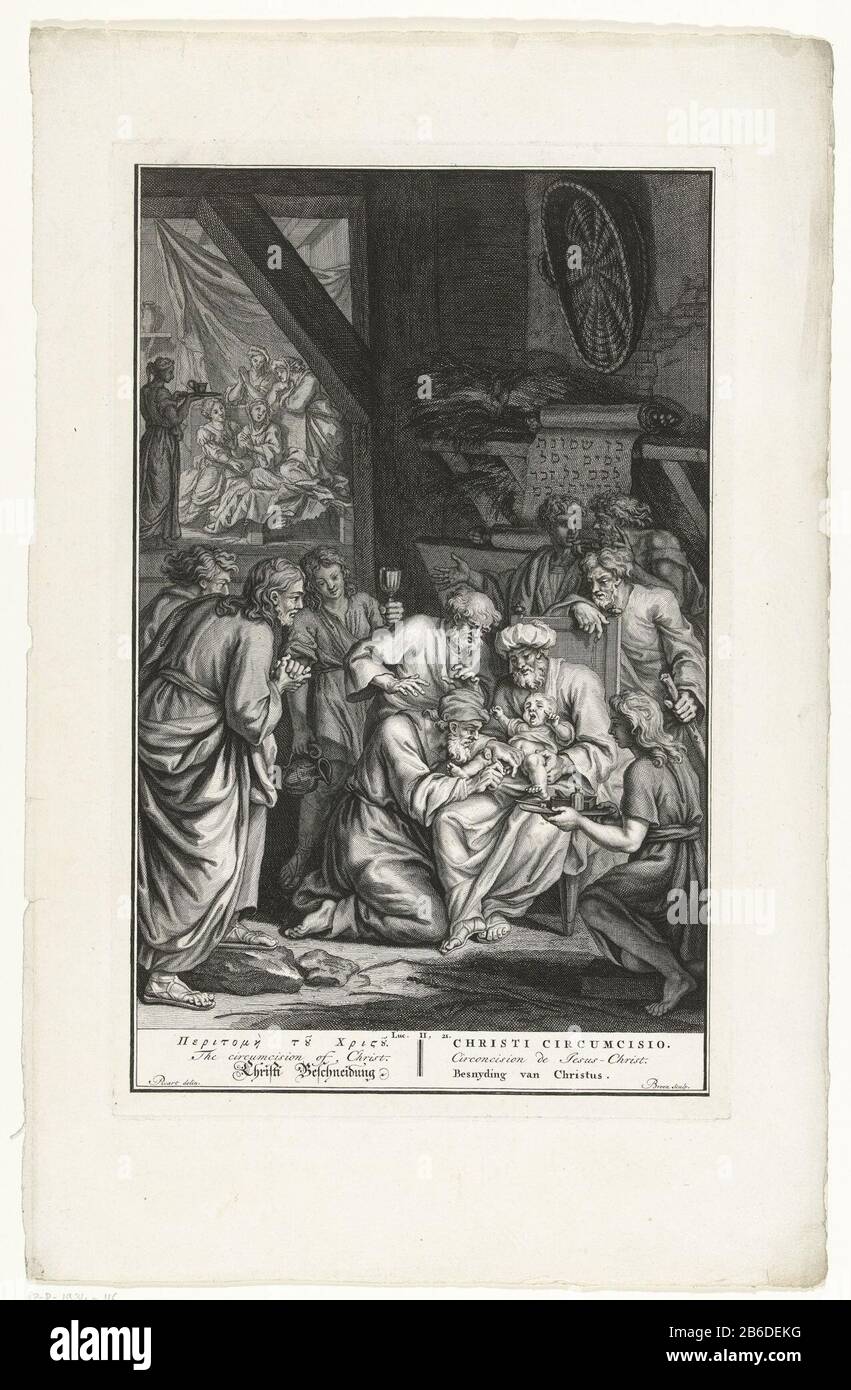 Circoncision du Christ La Circoncision du Christ (objet titre) Huit Jours après la naissance le Christ est circoncis. Joseph tient Christ sur ses genoux et un prêtre exécute la circoncision. Dans une autre chambre, les femmes attendent séparément des hommes. Illustration du Nouveau Testament, sous le titre du spectacle en grec, anglais, allemand, latin, français et Nederlands. Fabricant : printmaker: Gerrit de Broen (II) (possible) printmaker Willem de Broen (possible) pour dessiner: Bernard Picart (propriété cotée) Lieu de fabrication: Amsterdam Date: CA. 1711 - ca. 1720 Caractéristiques physiques: Matériel automobile: Technique papier: En Banque D'Images