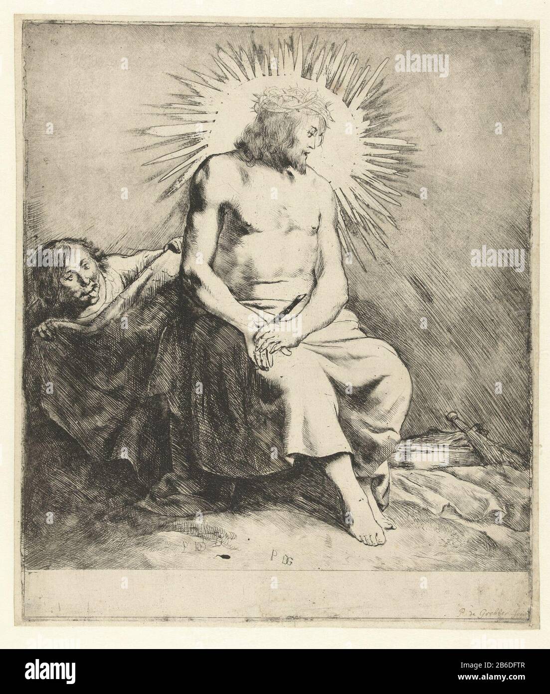 Moquerie du Christ assis avec une couronne d'épines sur sa tête et une branche dans sa main. Il garde sa tête tournée derrière lui alors qu'un homme qui squattait le moquait pour avoir poignardé sa langue tandis que le tissu au Christ corps vasthoudt. Fabricant : printmaker Pieter Fransz. The Grebber (bâtiment classé) dans sa conception: Pieter Fransz. The GrebberPlaats manufacture: Les Pays-Bas Date: 1610 - 1655 Caractéristiques physiques: Poinçonnage et aiguille sèche avec matériau de ton de plaque: Papier technique: Gravure / ton de plaque / mesure de point sec: Bord de plaque: H 343 mm × L 295 mm Objet : moquings du Christ, W Banque D'Images