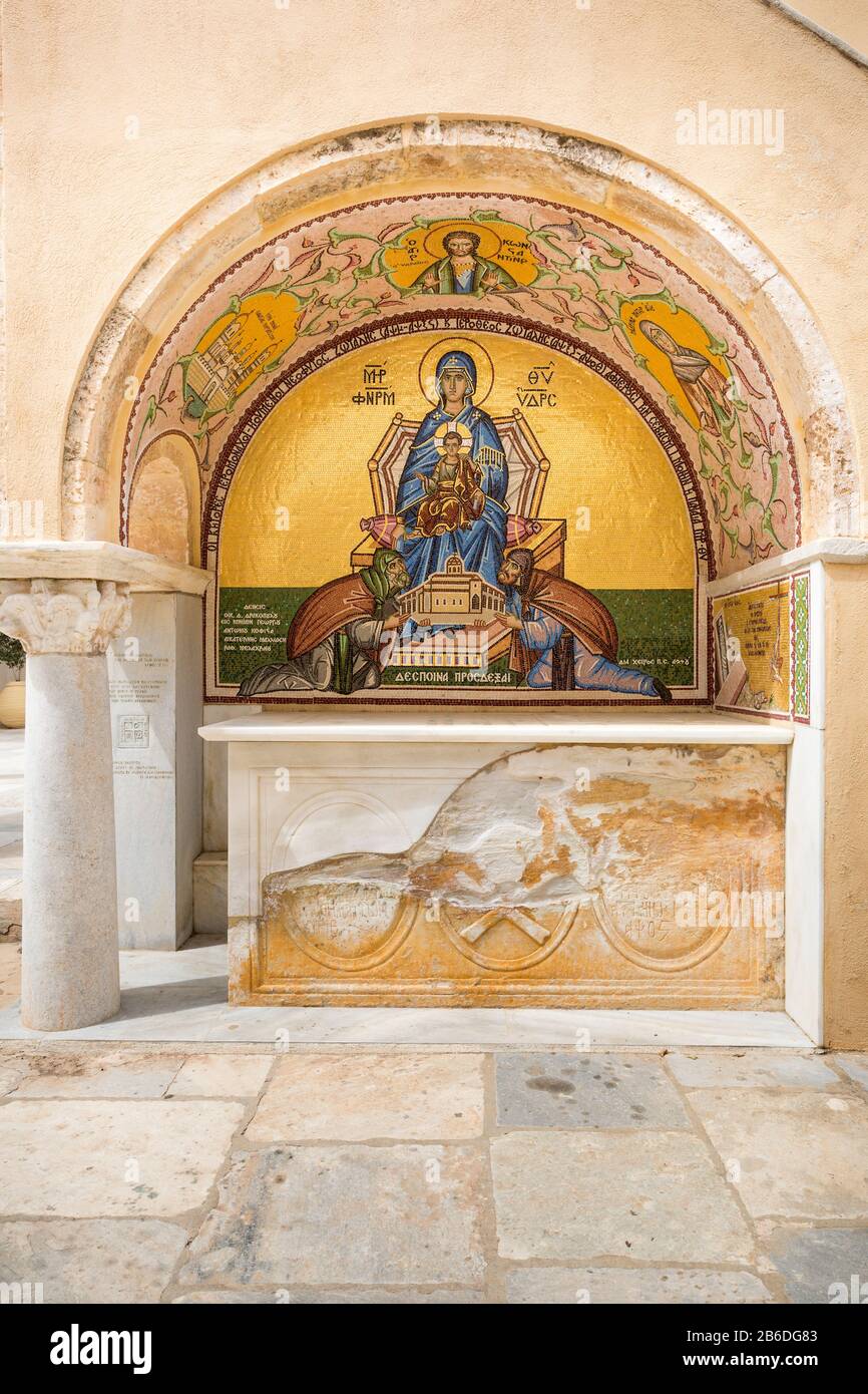 Le Mosiac orthodoxe grec de la Vierge Marie au monastère de l'Assomption de la Vierge à Hydra, Grèce. Banque D'Images