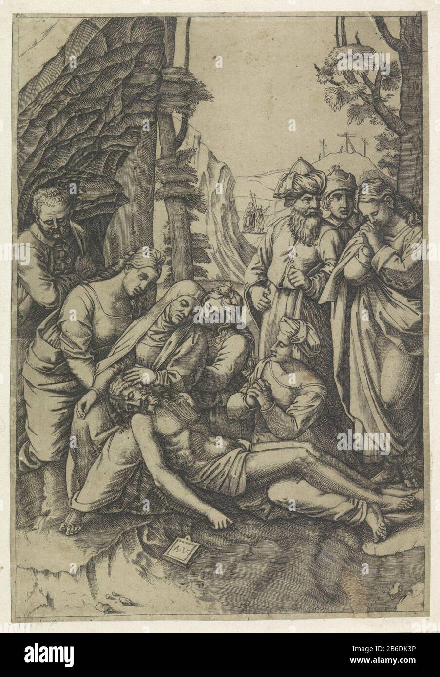 Bewening Le corps du Christ est pleuré par Marie et d'autres disciples. En arrière-plan Golgotha ​​with les trois kruisen. Fabricant : Print Maker: Agostino Veneziano (indiqué sur l'objet) à imprimer par: Marcantonio Raimondinaar dessin de: Rafael Place fabrication: Italie Date: 1500 - CA. 1536 Caractéristiques physiques: Engrala, modifiée avec le stylo dans le matériau marron: Encre papier technique: Engraa (processus d'impression) / stylo Dimensions: Feuille: H 242 mm (bord intérieur de la plaque découpée.) × W 168 mm (bord intérieur de la plaque découpée.) Notes sur un imprimé de Marcantonio Raimondi, après un dessin de Raphaël dans le musée Ashmolean à O Banque D'Images